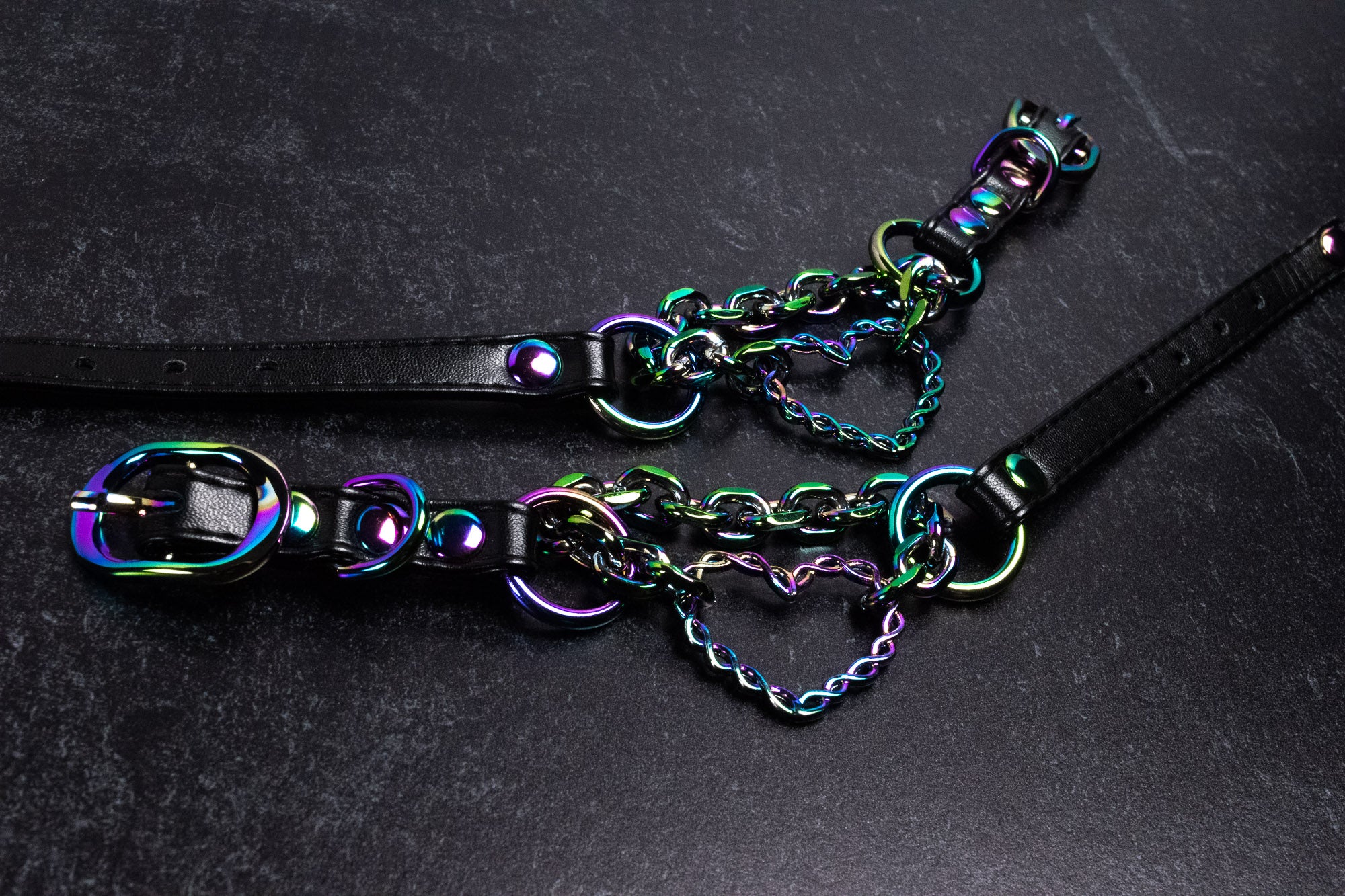 Black Leather Chained Heart Martingale Cuffs