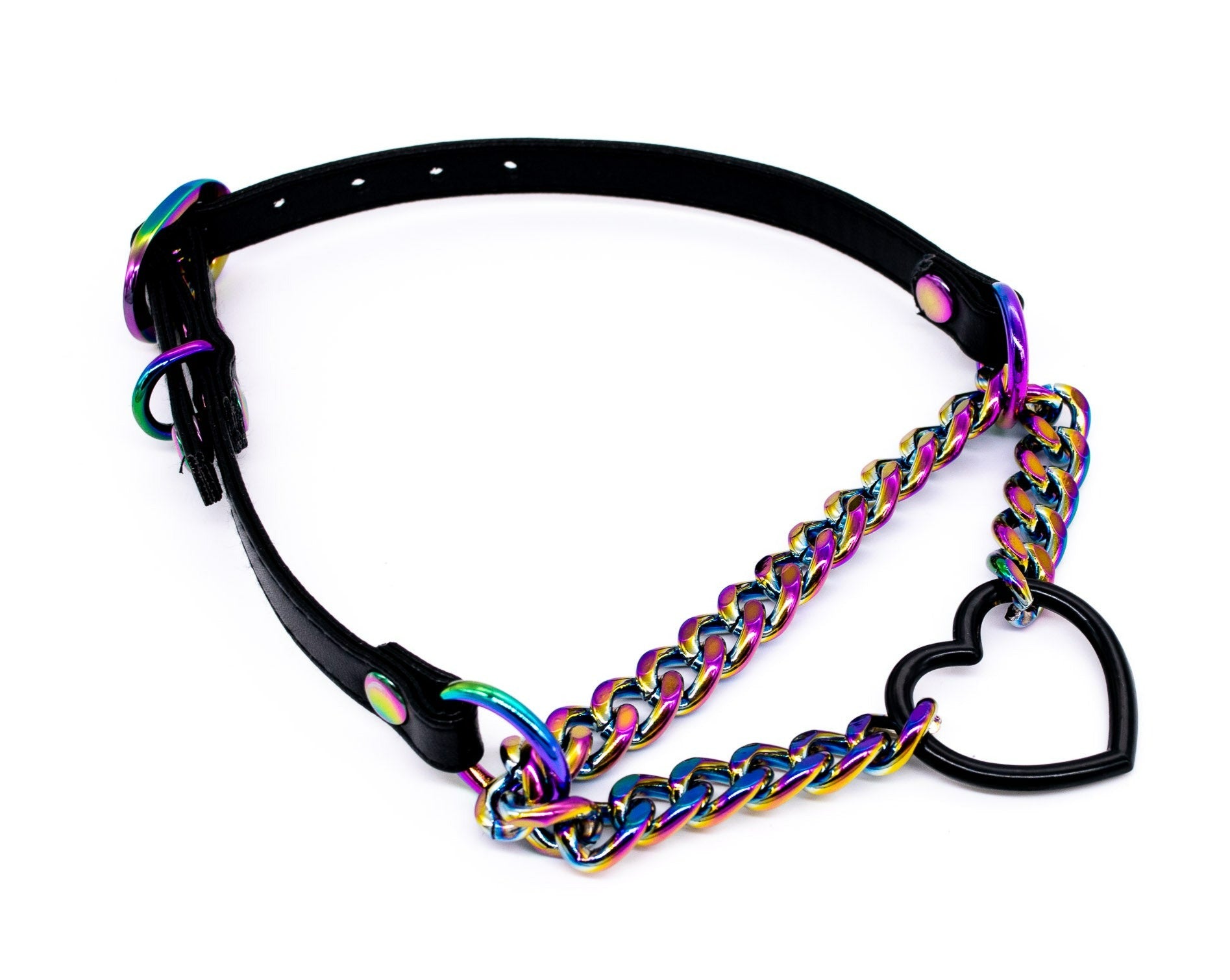 3/8" Matte Black Heart Ring Black Vegan Leather Martingale Collar in Rainbow