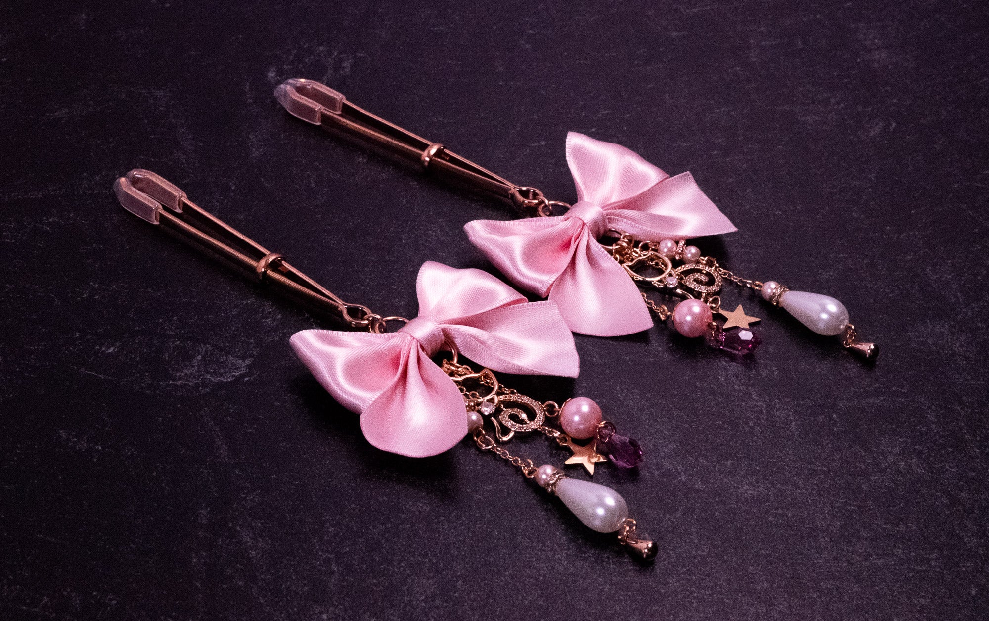 Deluxe Pink Bow Tweezer Nipple Clamps in Rose Gold