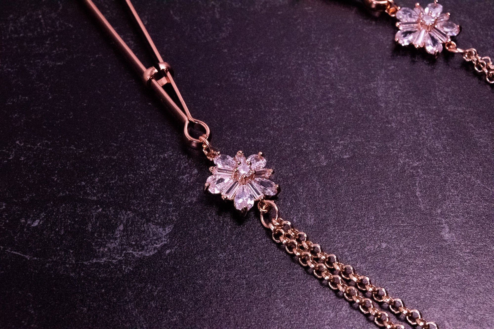 Deluxe Florals & Chain Tweezer Nipple Clamps in Rose Gold