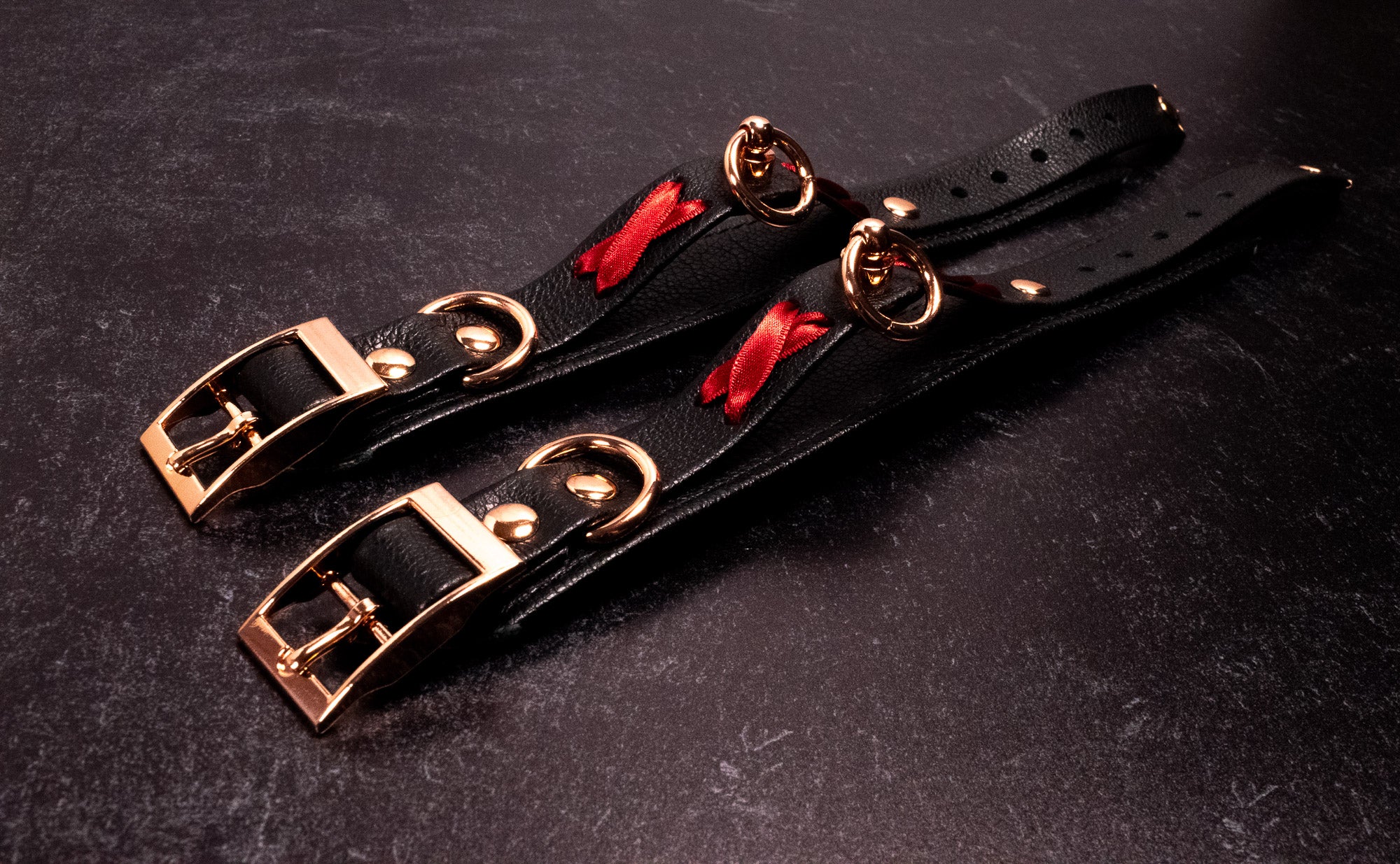 6" - 8" Rose Gold, Red & Black Corset Leather Cuffs _ LIMITED _