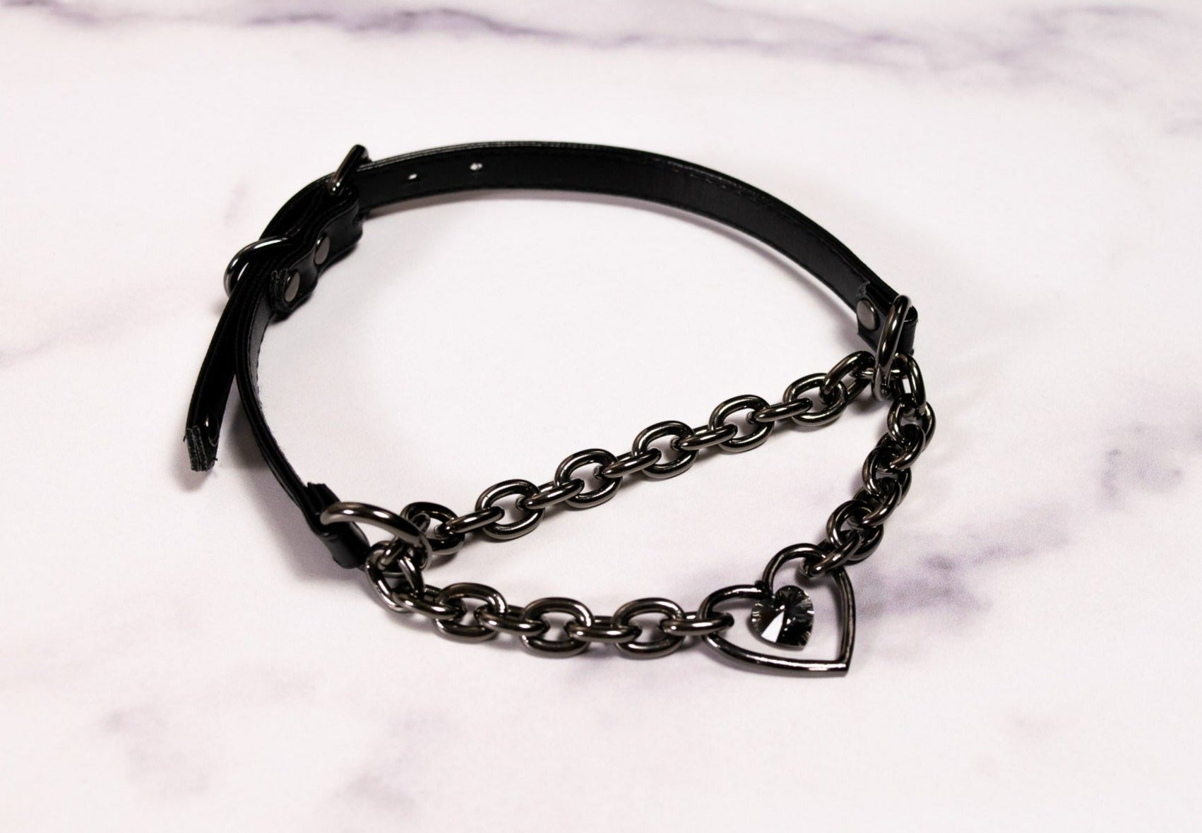 3/8" Design Your Own Crystal Petite Heart Ring Black Vegan Leather Martingale Collar