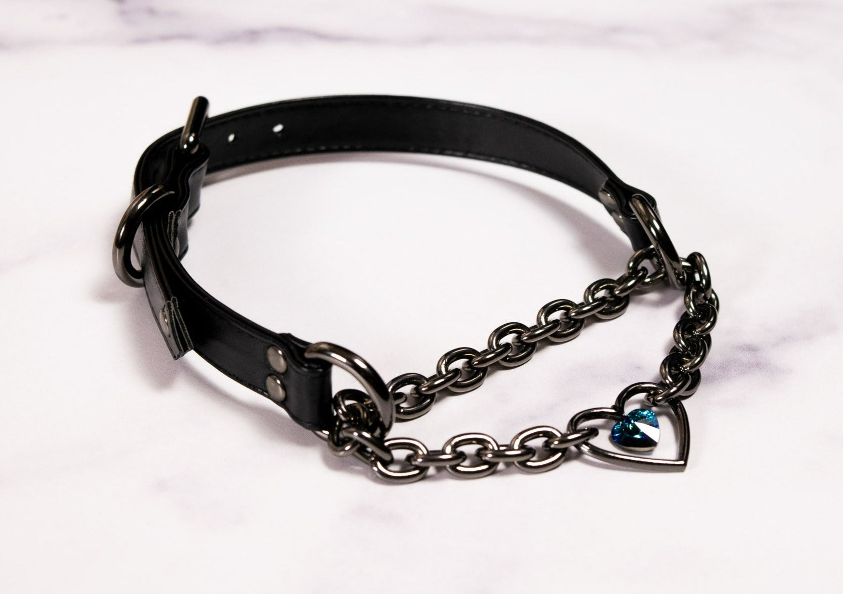 5/8" Design Your Own Petite Crystal Heart Ring Black Vegan Leather Martingale Collar