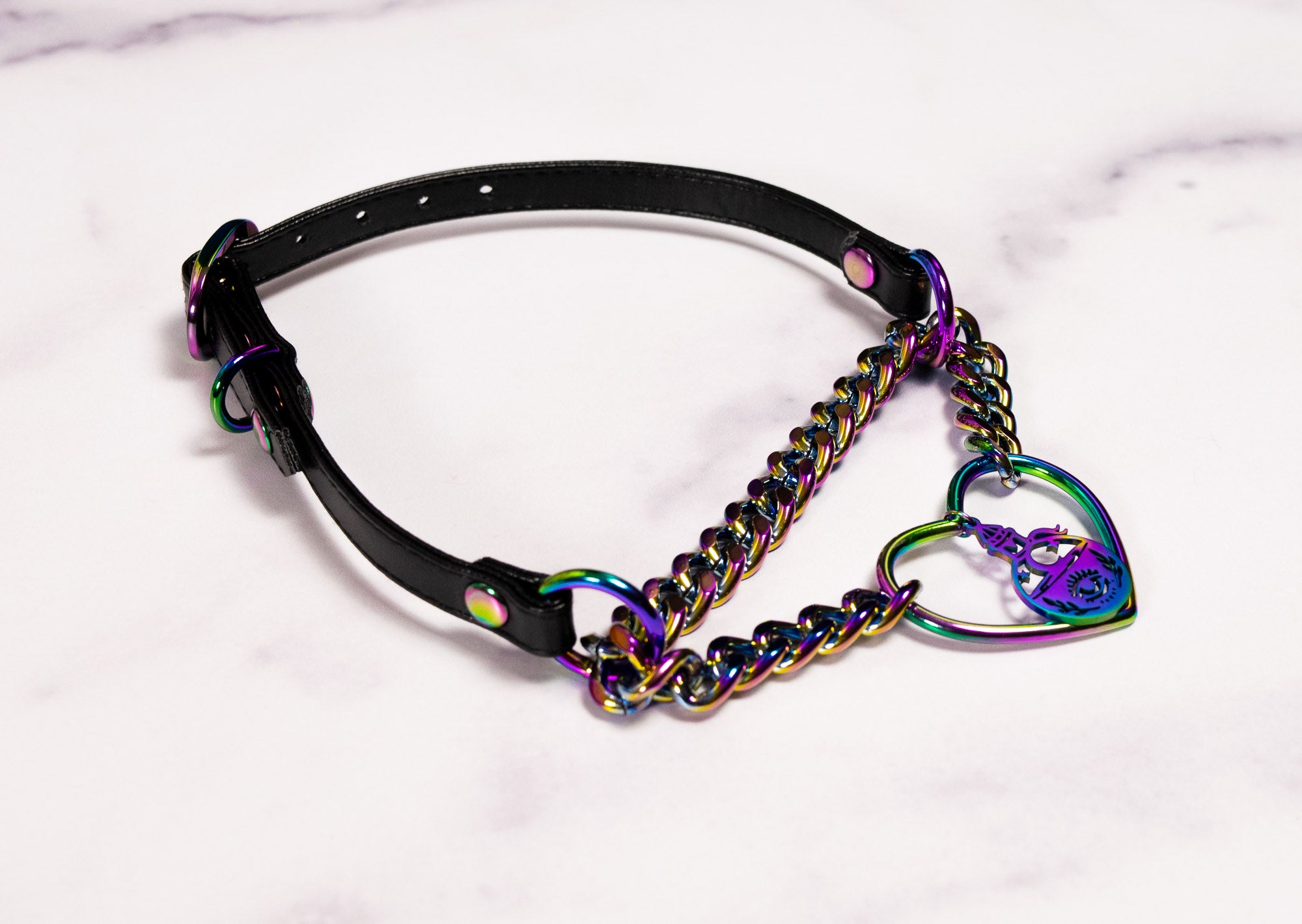 3/8" Potions - Large Heart Ring Black Vegan Leather Martingale Collar