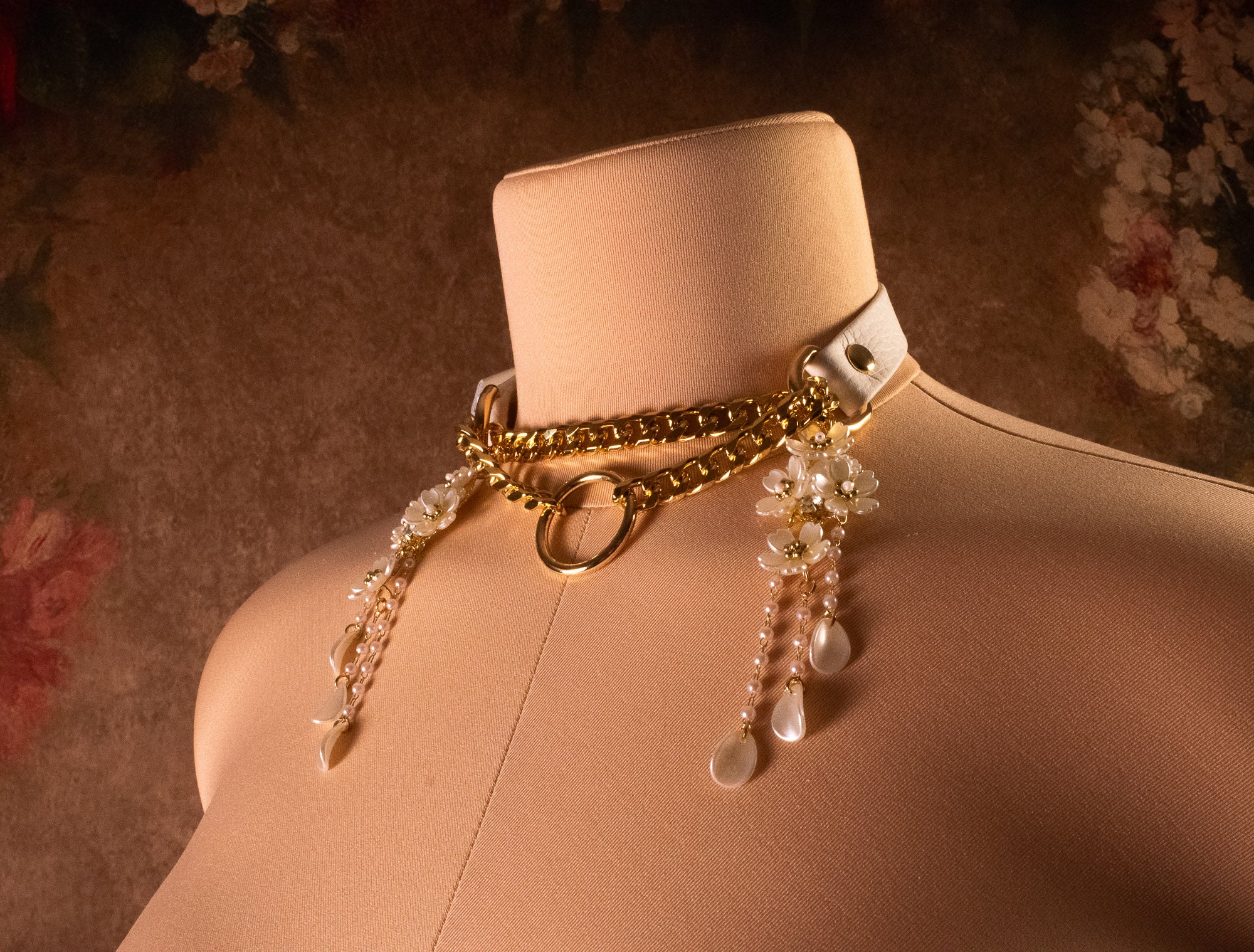 "Petal Cascade" White Leather & Gold Martingale Collar