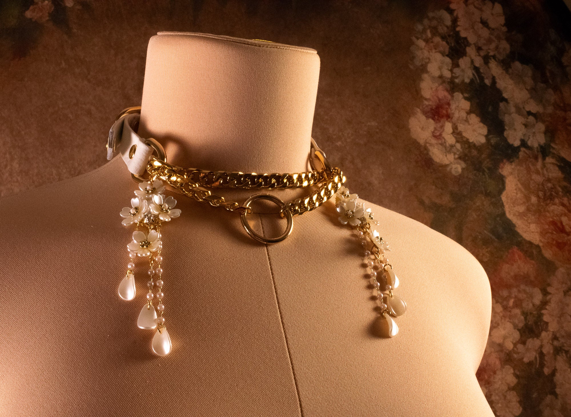 "Petal Cascade" White Leather & Gold Martingale Collar