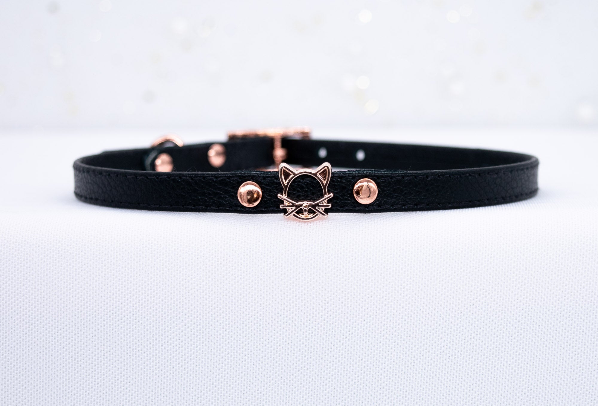 3/8" Kitten - Black Leather Collar in Rose Gold