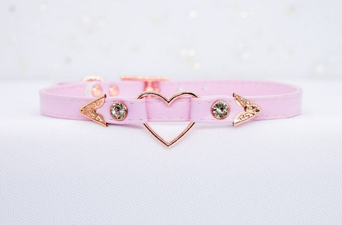 3/8" Pink Vegan Leather Collar in Rose Gold
