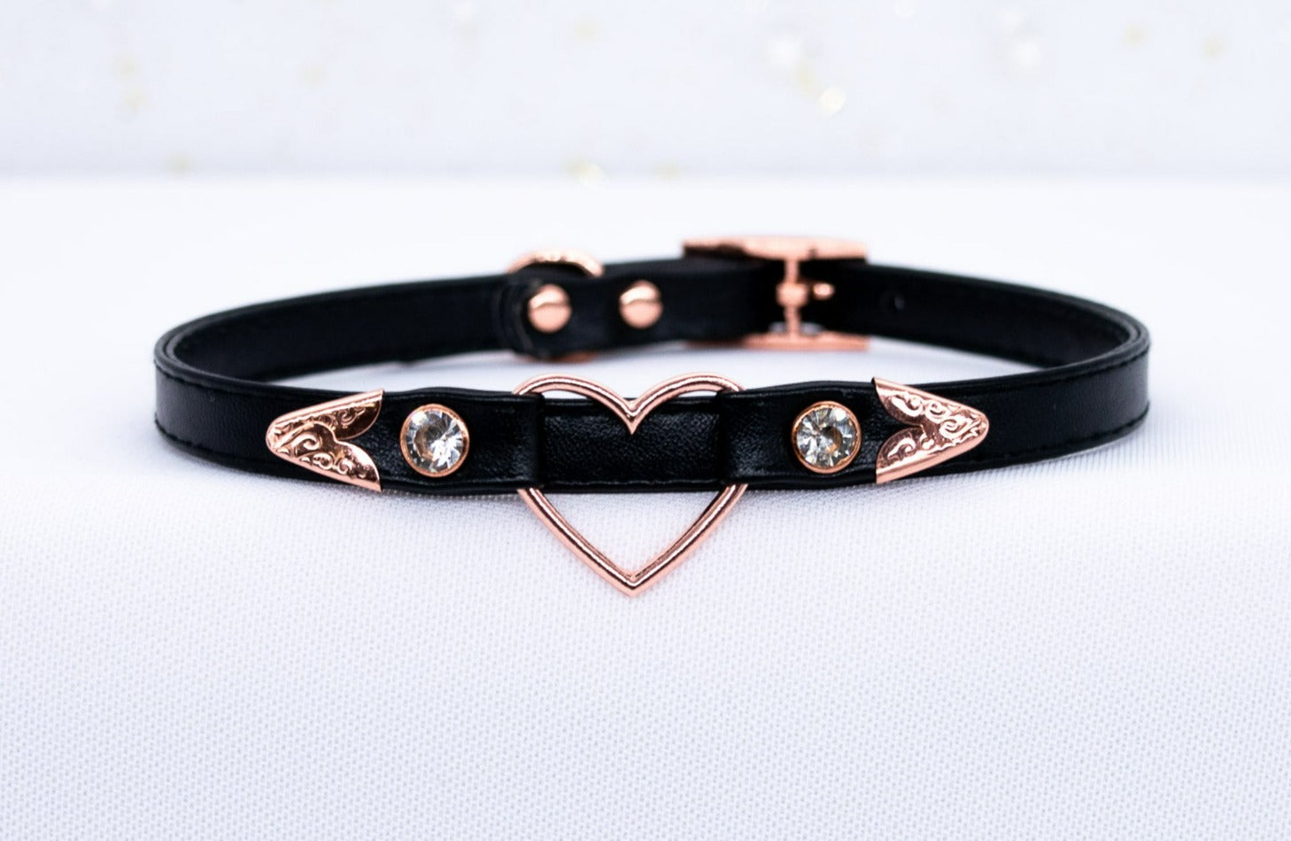 3/8" Black Vegan Leather Collar in Rose Gold