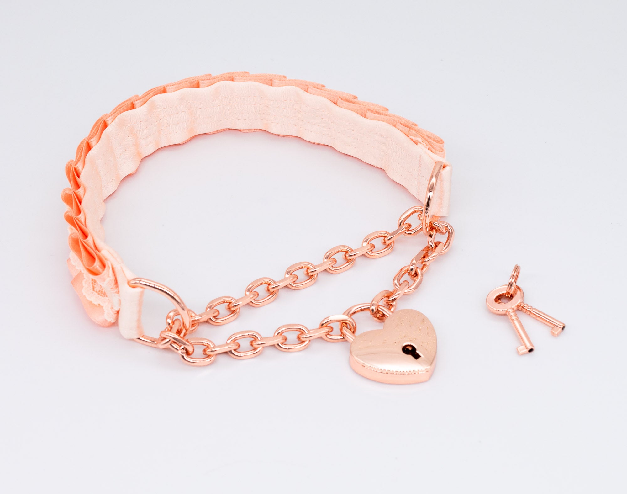 Peach and Cream Lace Front-Locking Martingale BDSM Collar in Rose Gold