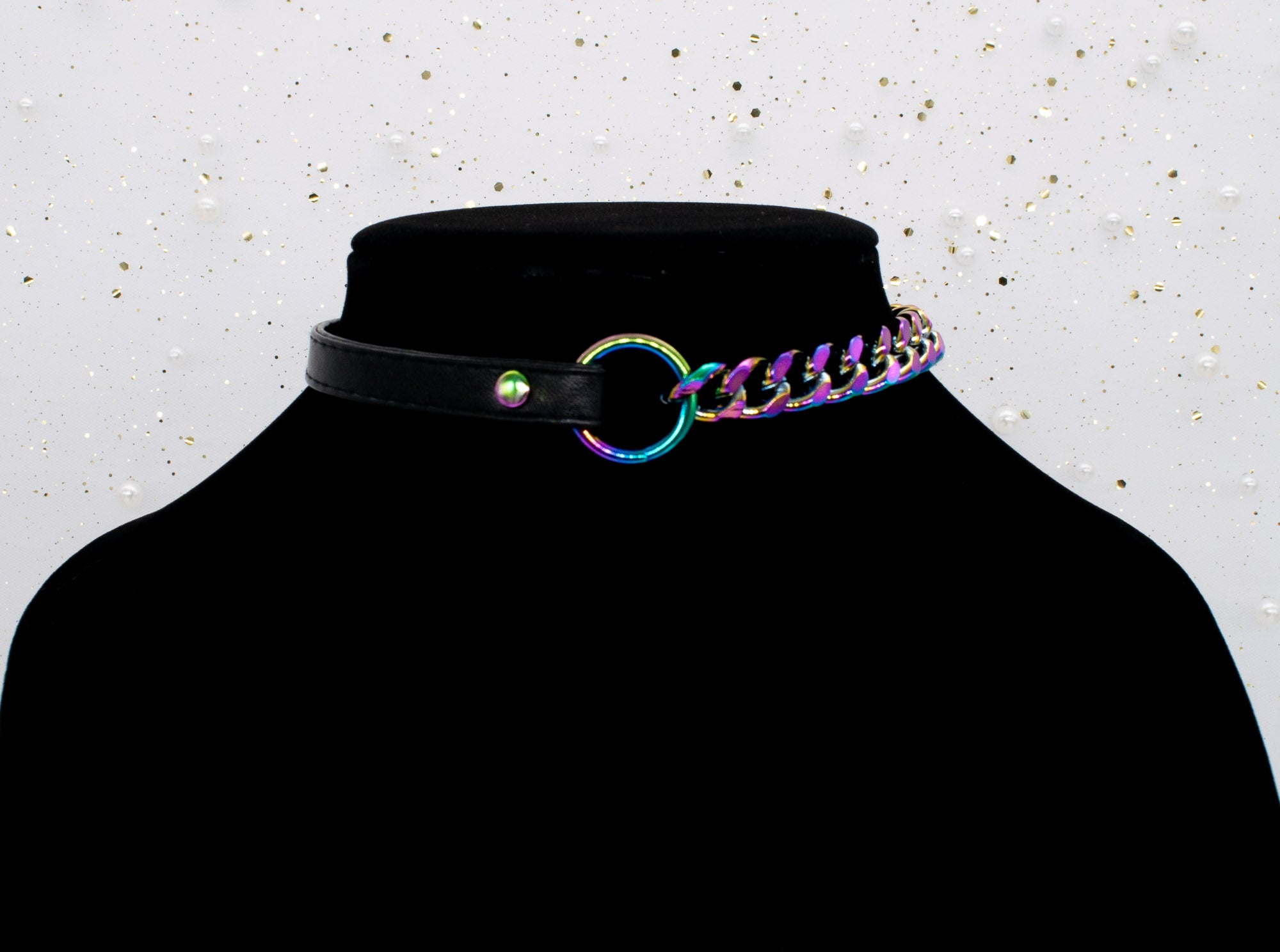 3/8" Black Vegan Leather & Chain Collar in Rainbow