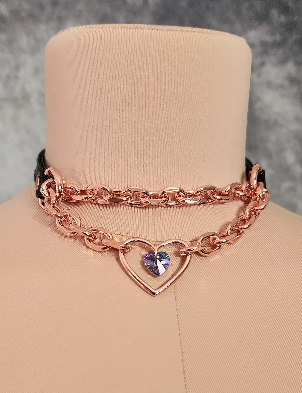 3/8" Petite Crystal Heart Ring Black Vegan Leather Martingale Collar