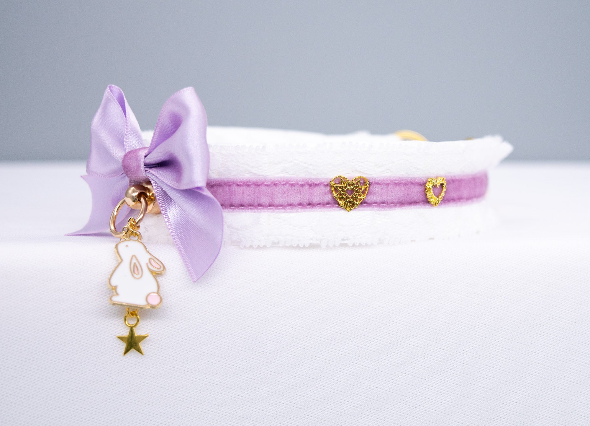 White, Purple Velvet and Gold Bunny Pet Play Collar