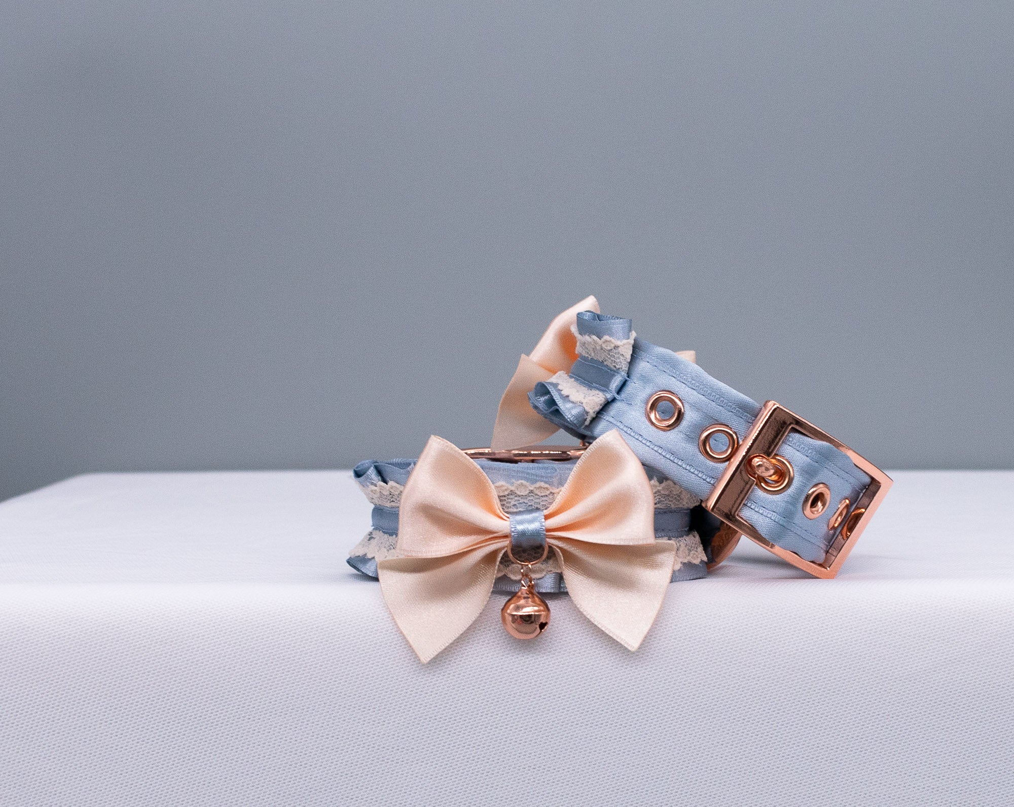 French Blue and Cream Lace with Bows - Rose Gold BDSM Cuffs