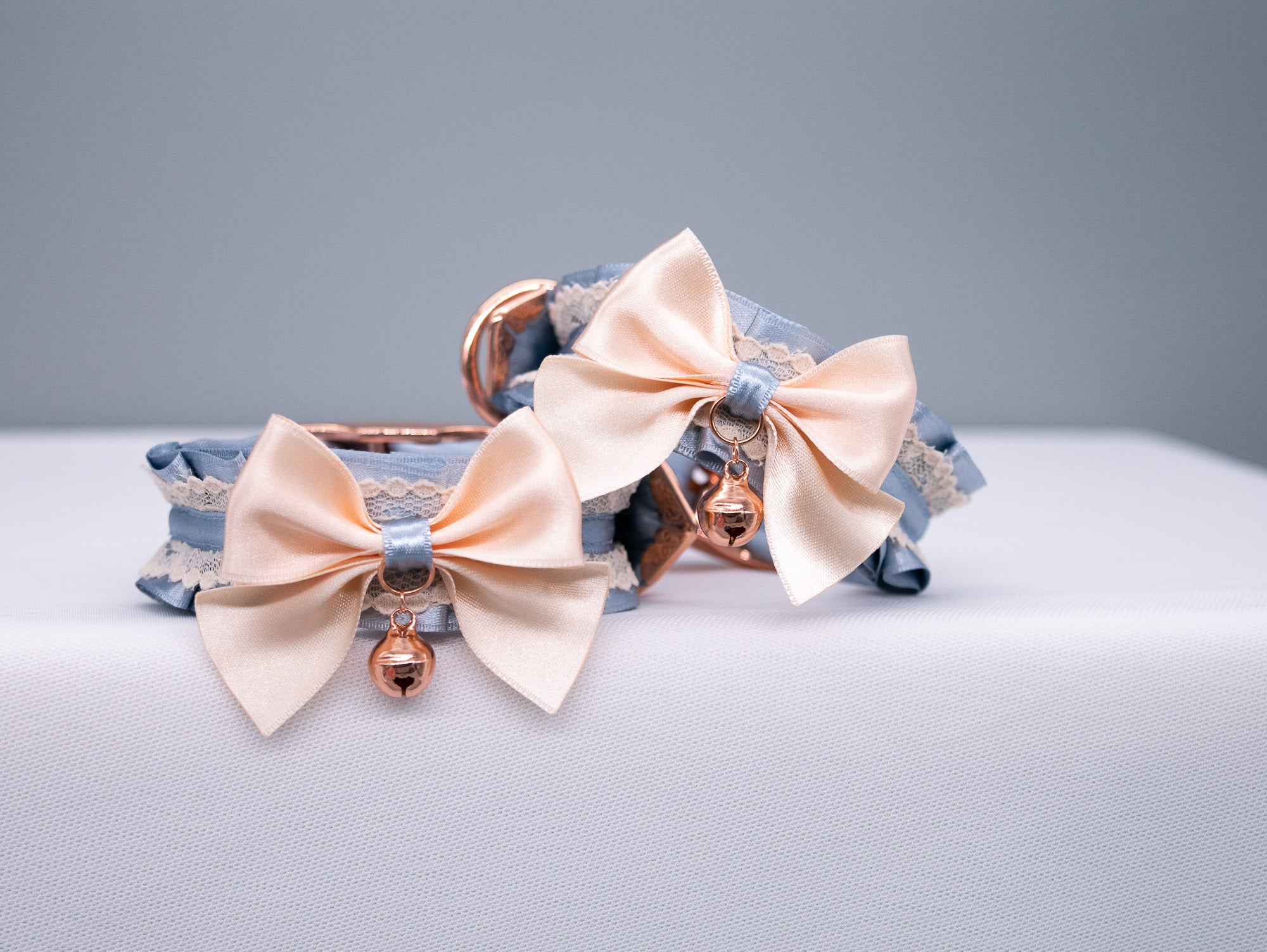 French Blue and Cream Lace with Bows - Rose Gold BDSM Cuffs