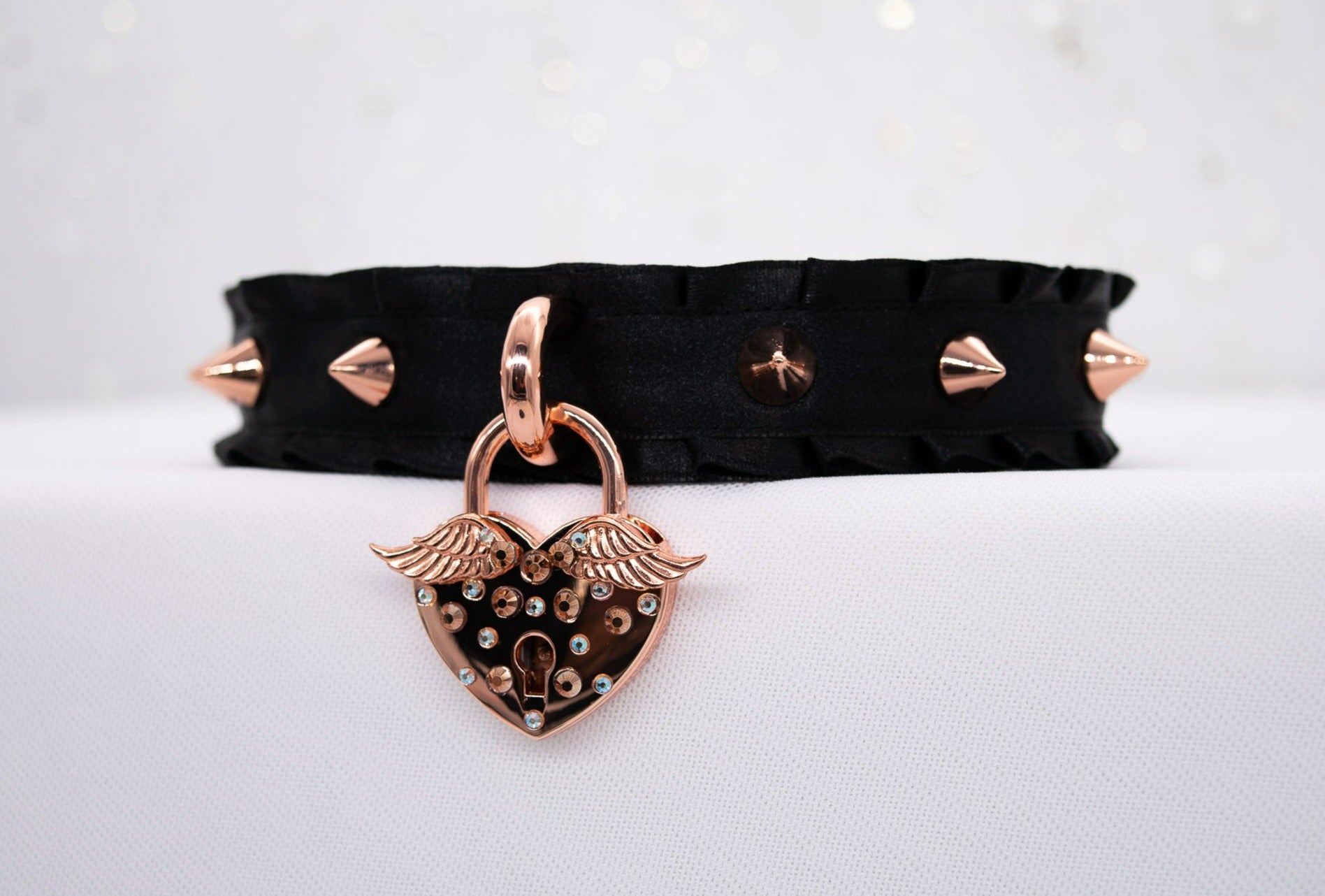 'Angel's Heart' - Black Spiked BDSM Collar in Rose Gold