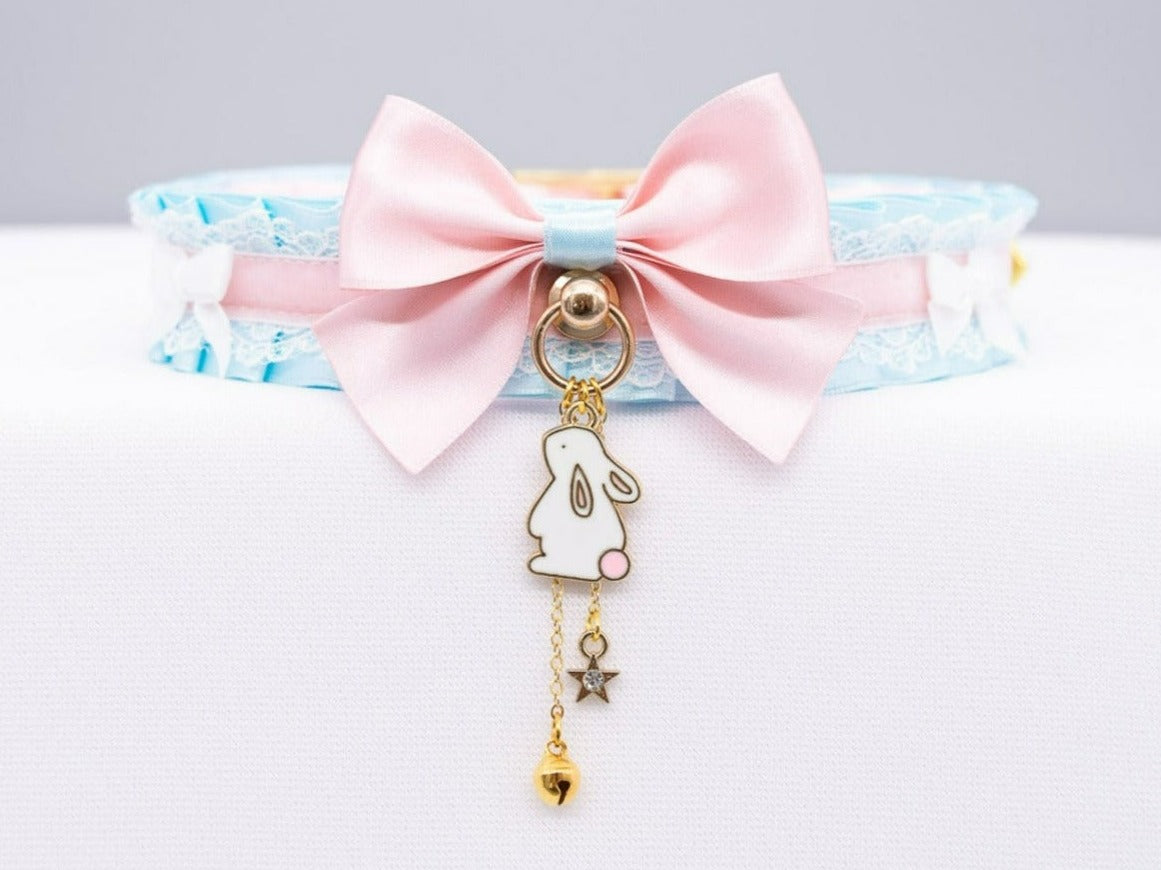 Blue and Pink Velvet Gold Bunny Pet Play Collar