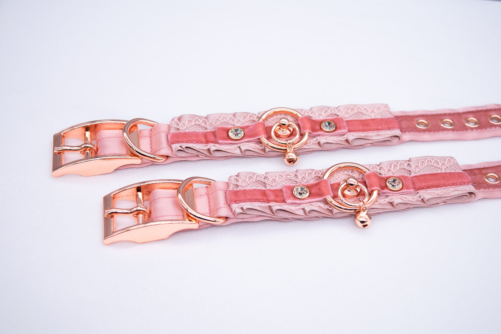 Dusty Rose, Blush Velvet & Bells - Rose Gold BDSM Cuffs