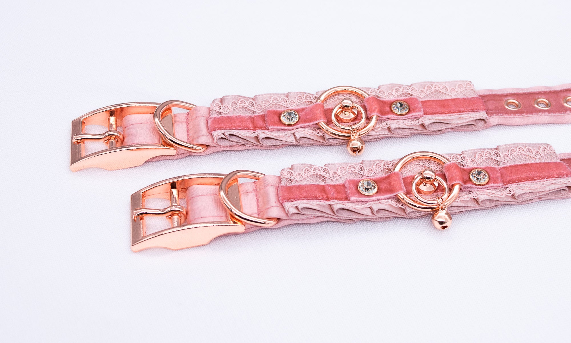 Dusty Rose, Blush Velvet & Bells - Rose Gold BDSM Cuffs