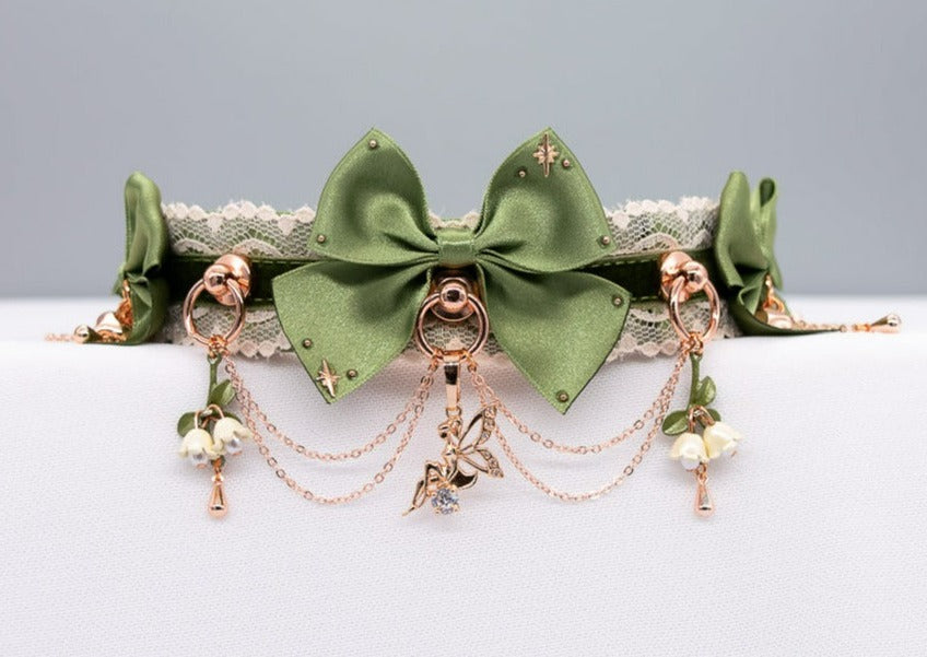 Woodland Fairy Sage Green Velvet and Rose Gold BDSM Collar