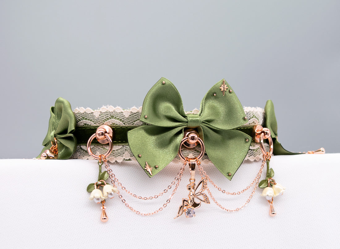 Woodland Fairy Sage Green Velvet and Rose Gold BDSM Collar