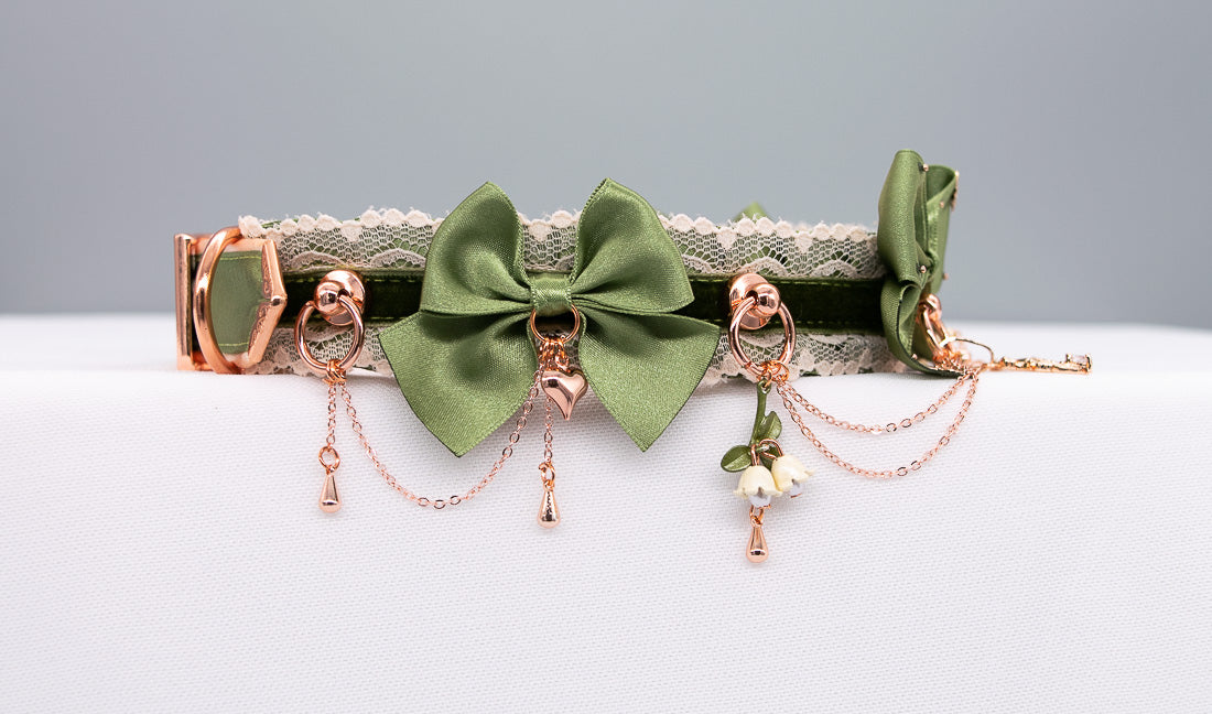Woodland Fairy Sage Green Velvet and Rose Gold BDSM Collar
