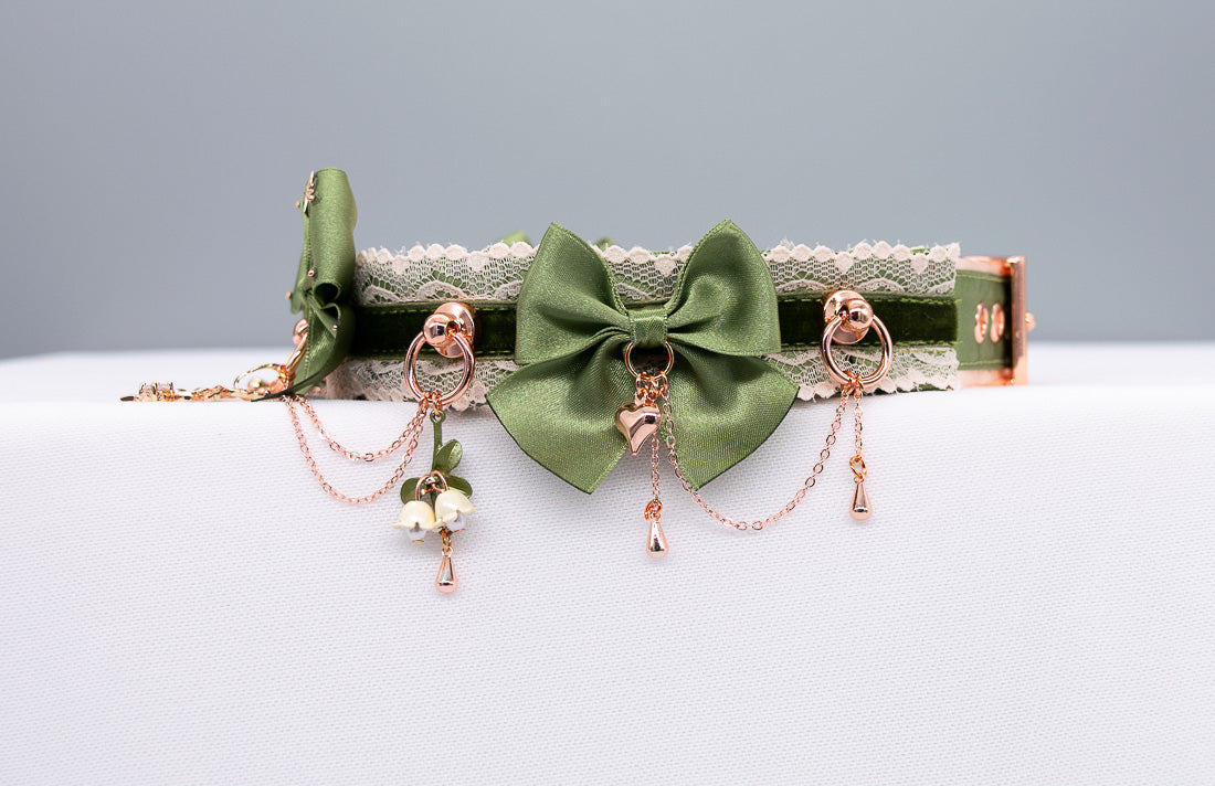 Woodland Fairy Sage Green Velvet and Rose Gold BDSM Collar
