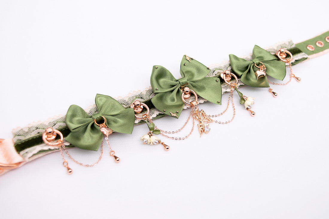 Woodland Fairy Sage Green Velvet and Rose Gold BDSM Collar