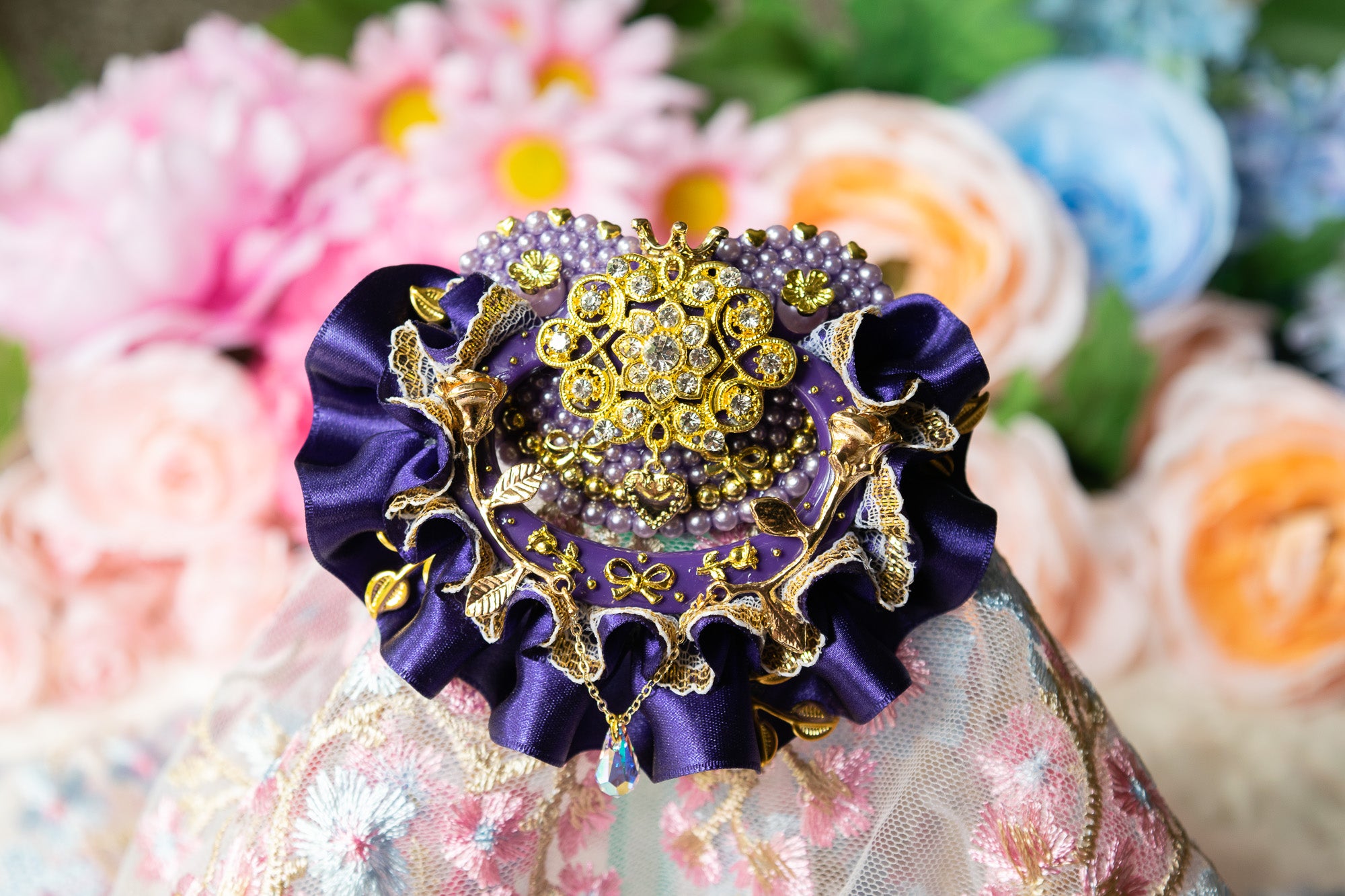 Purple Satin & Gold Lace Frill ~ The Queen's Garden ~ Gold Luxury Adult Pacifier