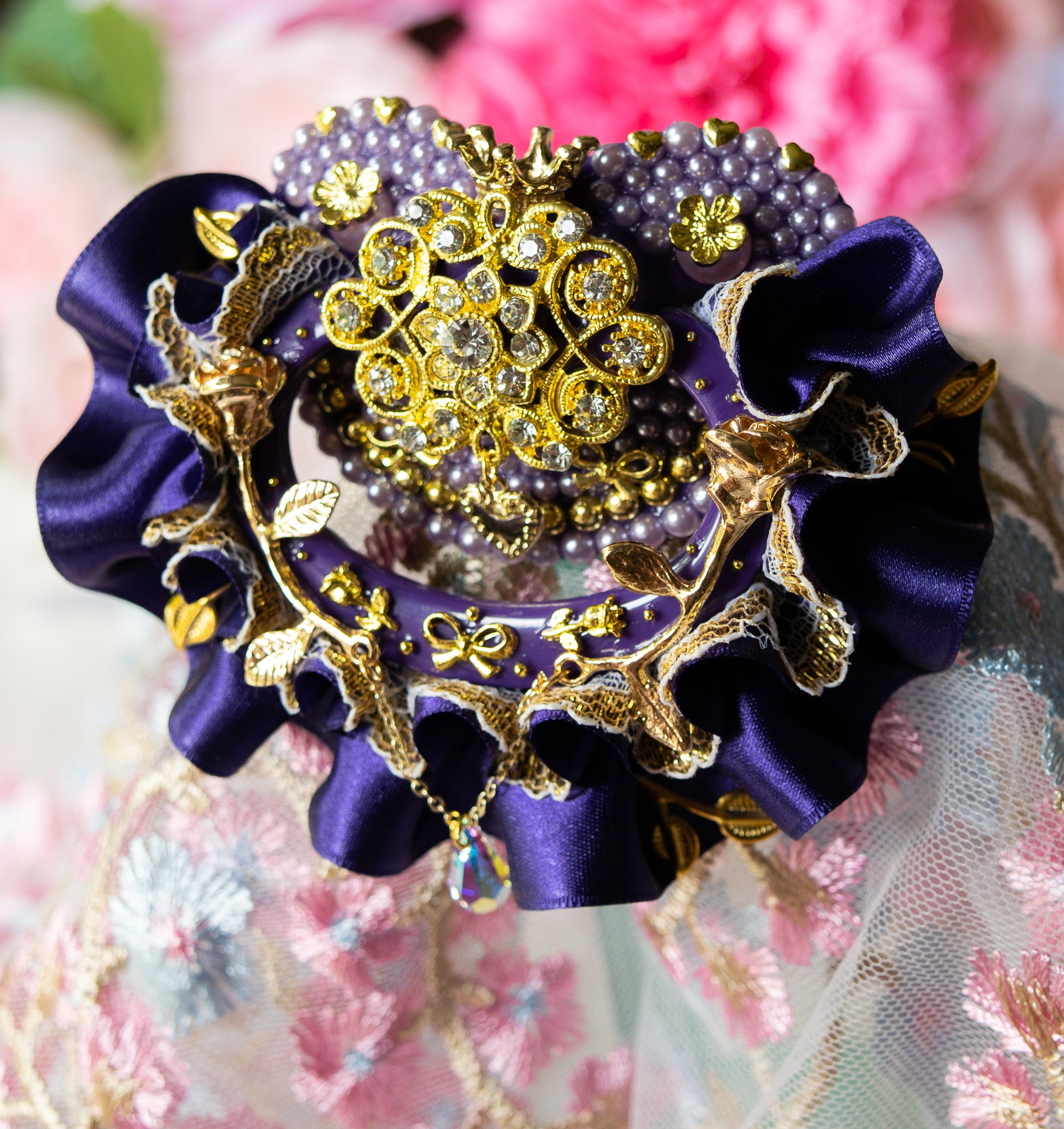 Purple Satin & Gold Lace Frill ~ The Queen's Garden ~ Gold Luxury Adult Pacifier