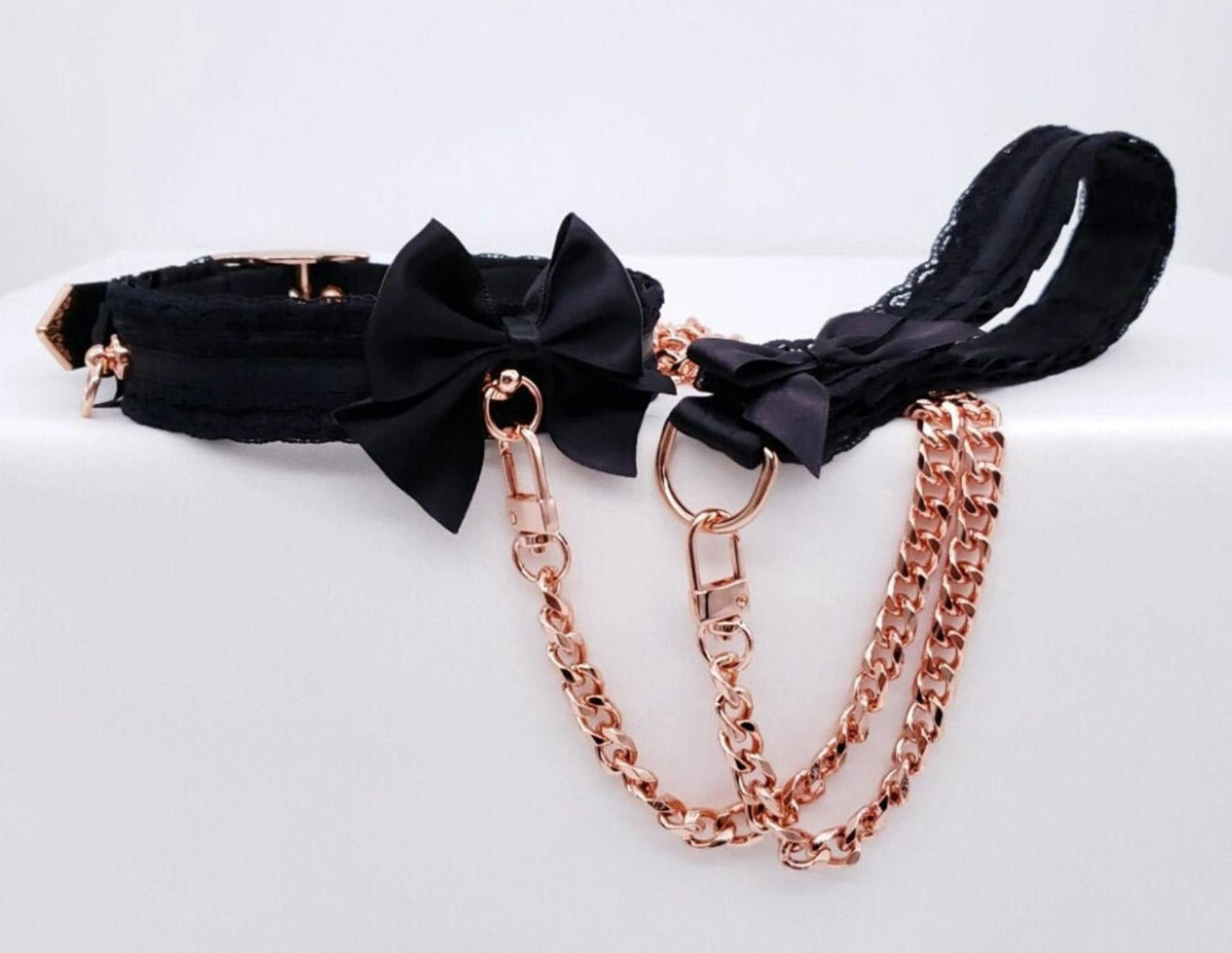 Luxe Black Lace and Rose Gold Collar and Leash BDSM Set