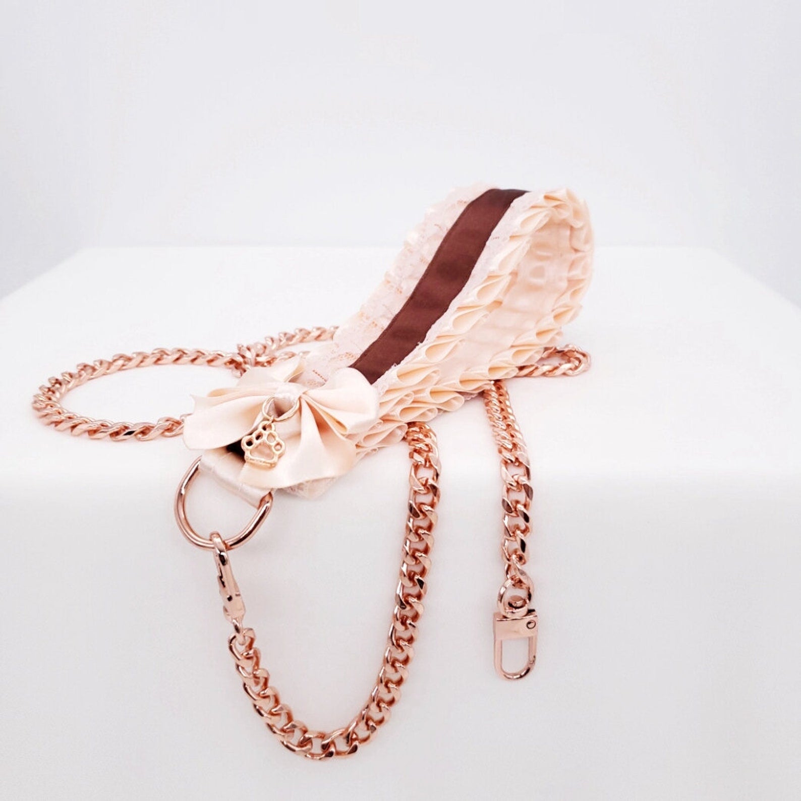 Cream and Chocolate Brown Puppy Pet Play Collar and Leash Set - Rose Gold