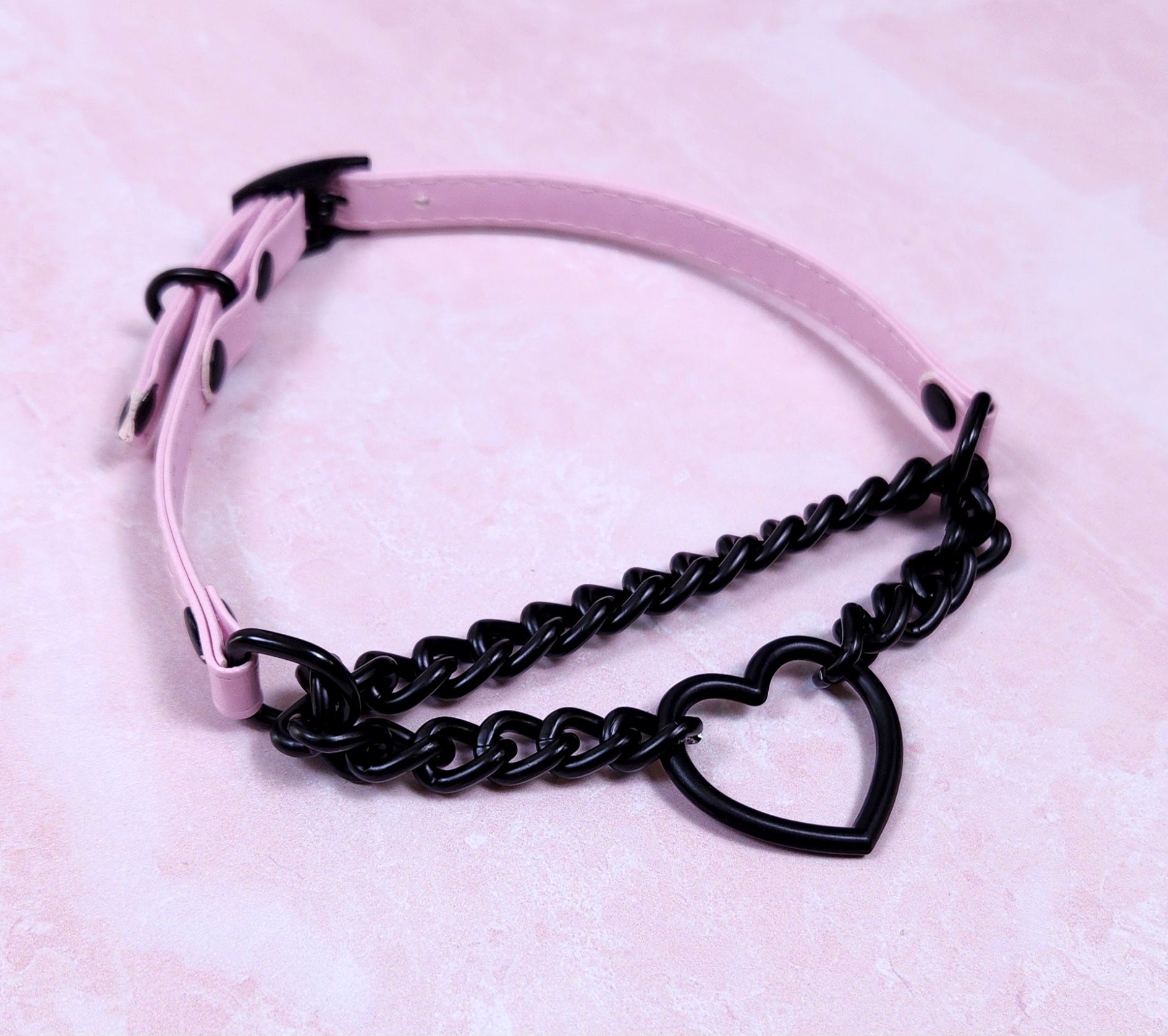 3/8" Matte Black Heart Ring Pink Vegan Leather Martingale Collar