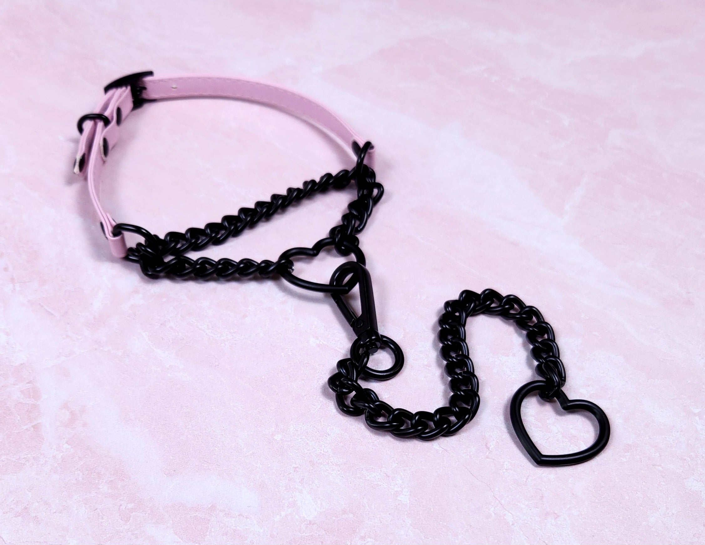 3/8" Matte Black Heart Ring Pink Vegan Leather Martingale Collar