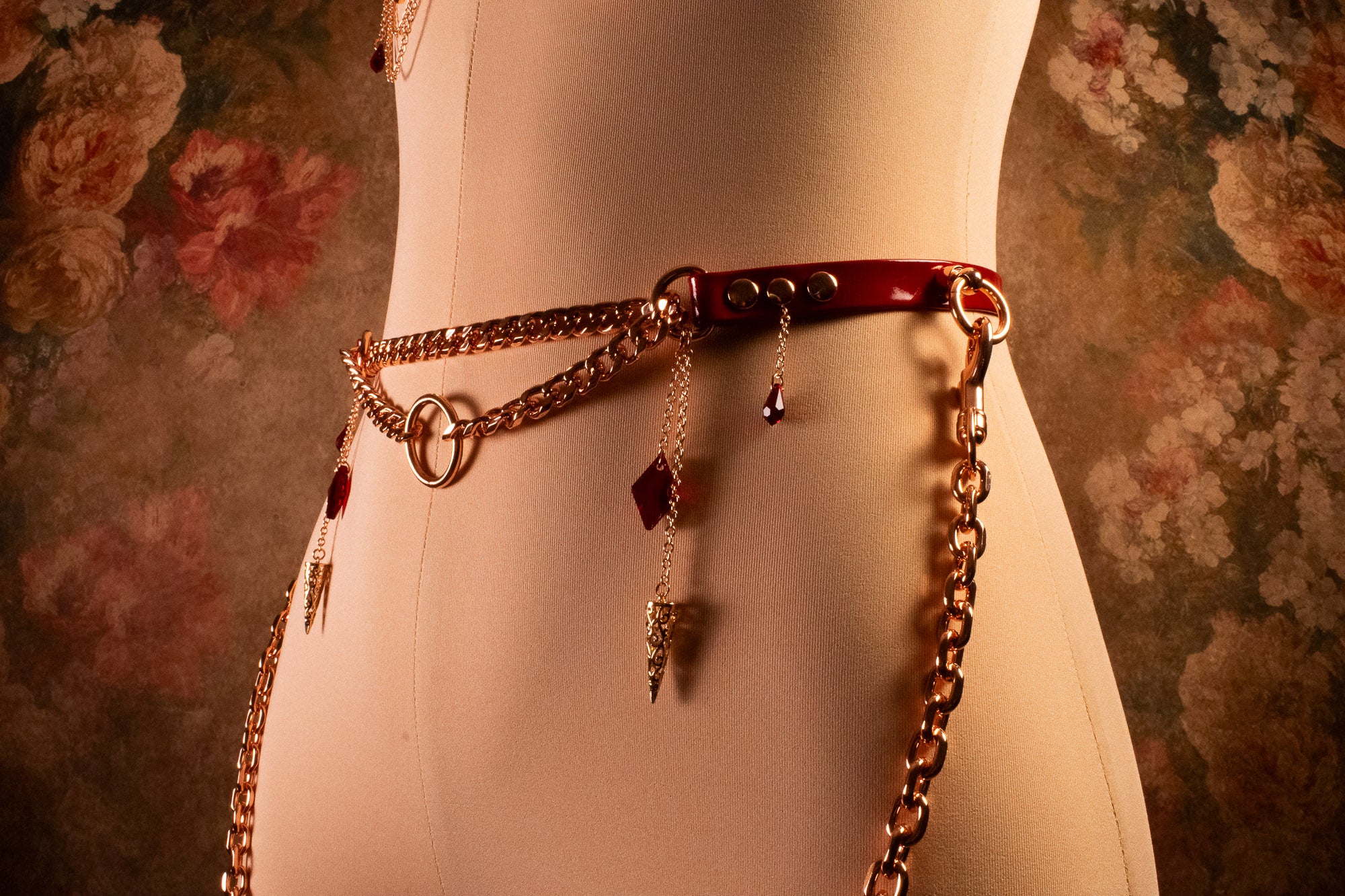 "CRIMSON VOW" MARTINGALE BELT & THIGH CUFFS - Red Patent Leather & Rose Gold _ LIMITED _