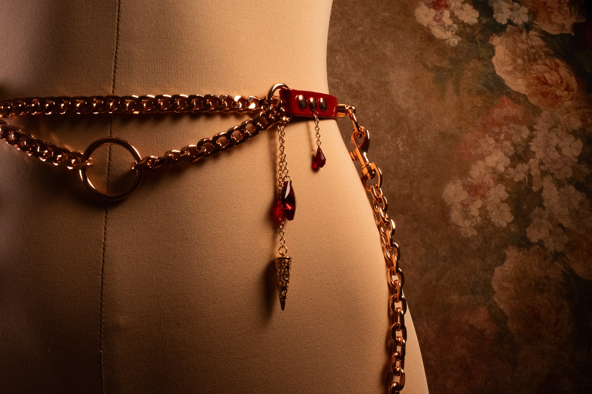 "CRIMSON VOW" MARTINGALE BELT & THIGH CUFFS - Red Patent Leather & Rose Gold _ LIMITED _
