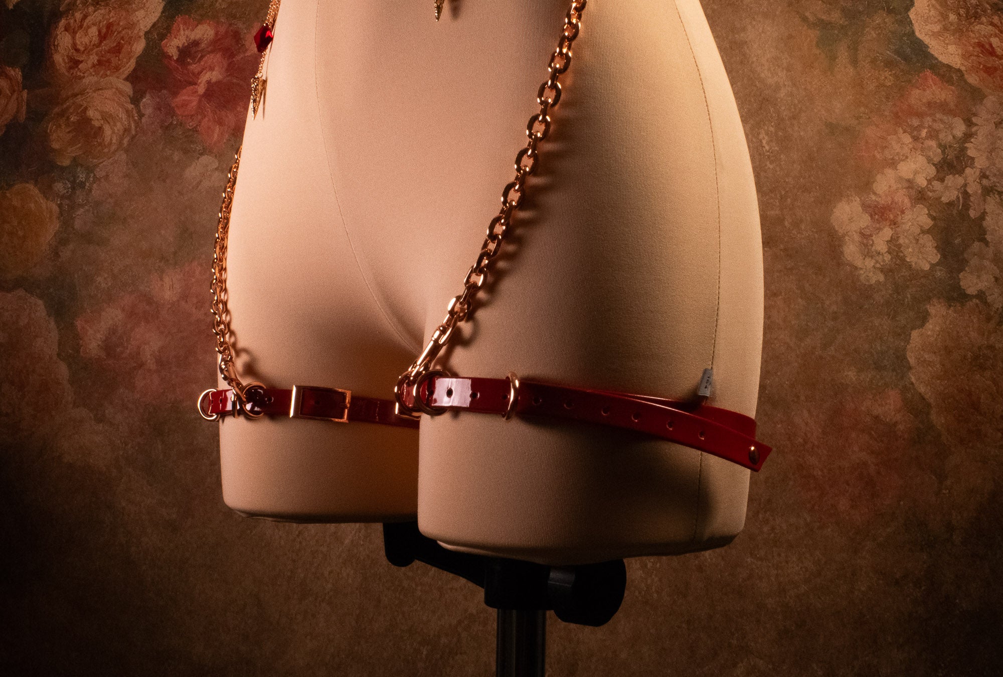 "CRIMSON VOW" MARTINGALE BELT & THIGH CUFFS - Red Patent Leather & Rose Gold _ LIMITED _
