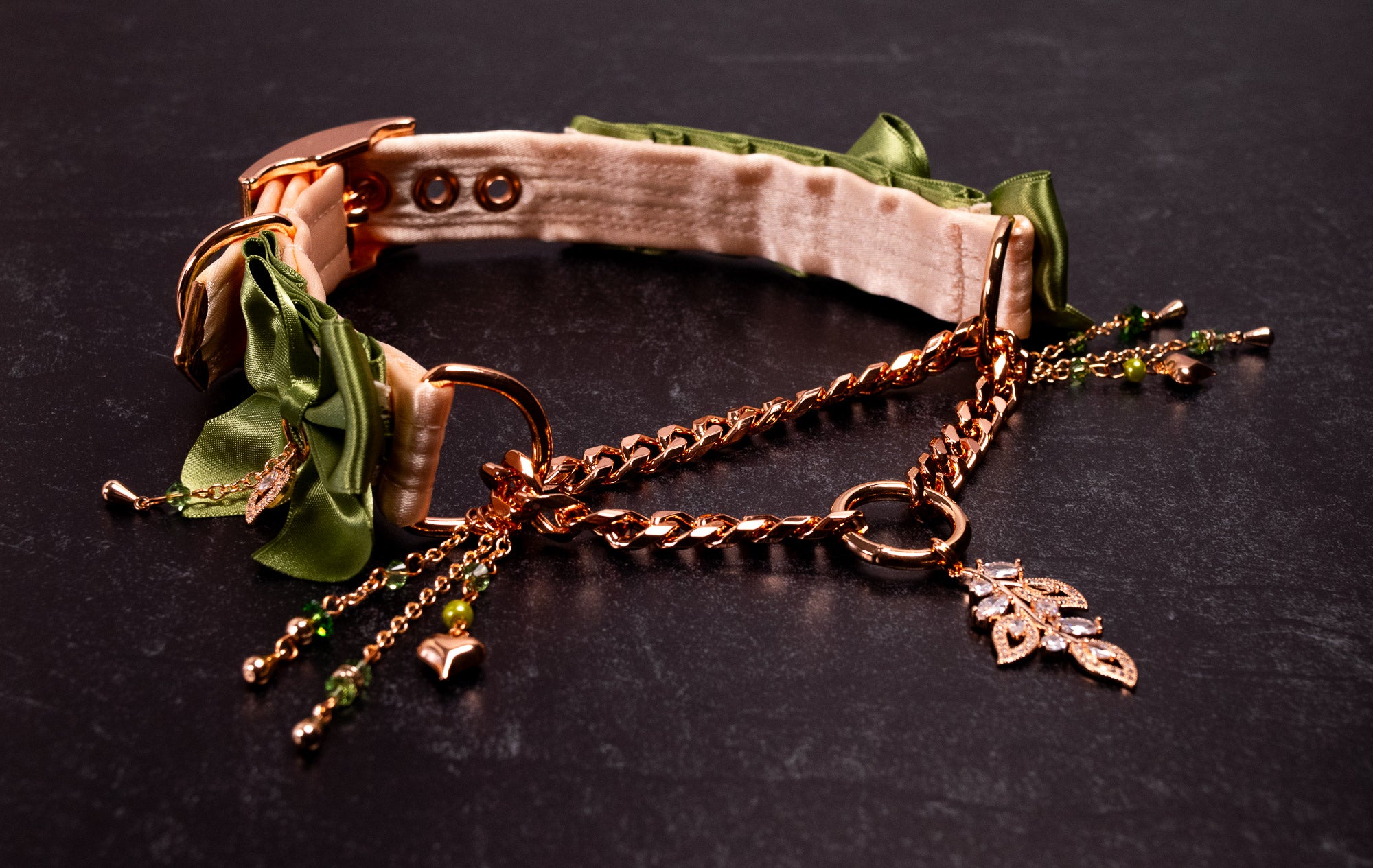 12.5" - 14.5" - "Verdant Fae" - Sage Green & Rose Gold Luxury Martingale Collar