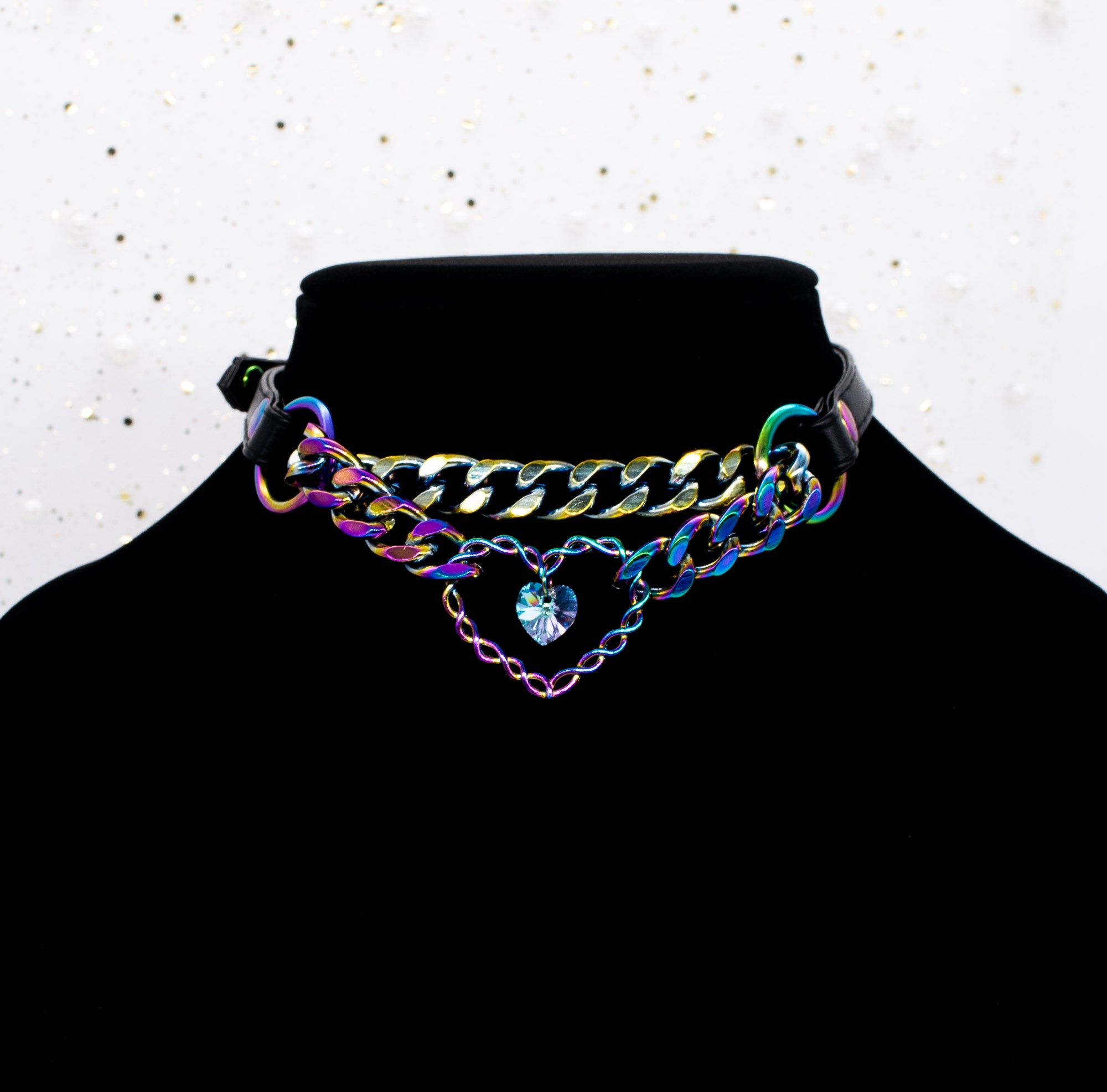 Crystal Heart Ring Black Vegan Leather Martingale Collar in Rainbow
