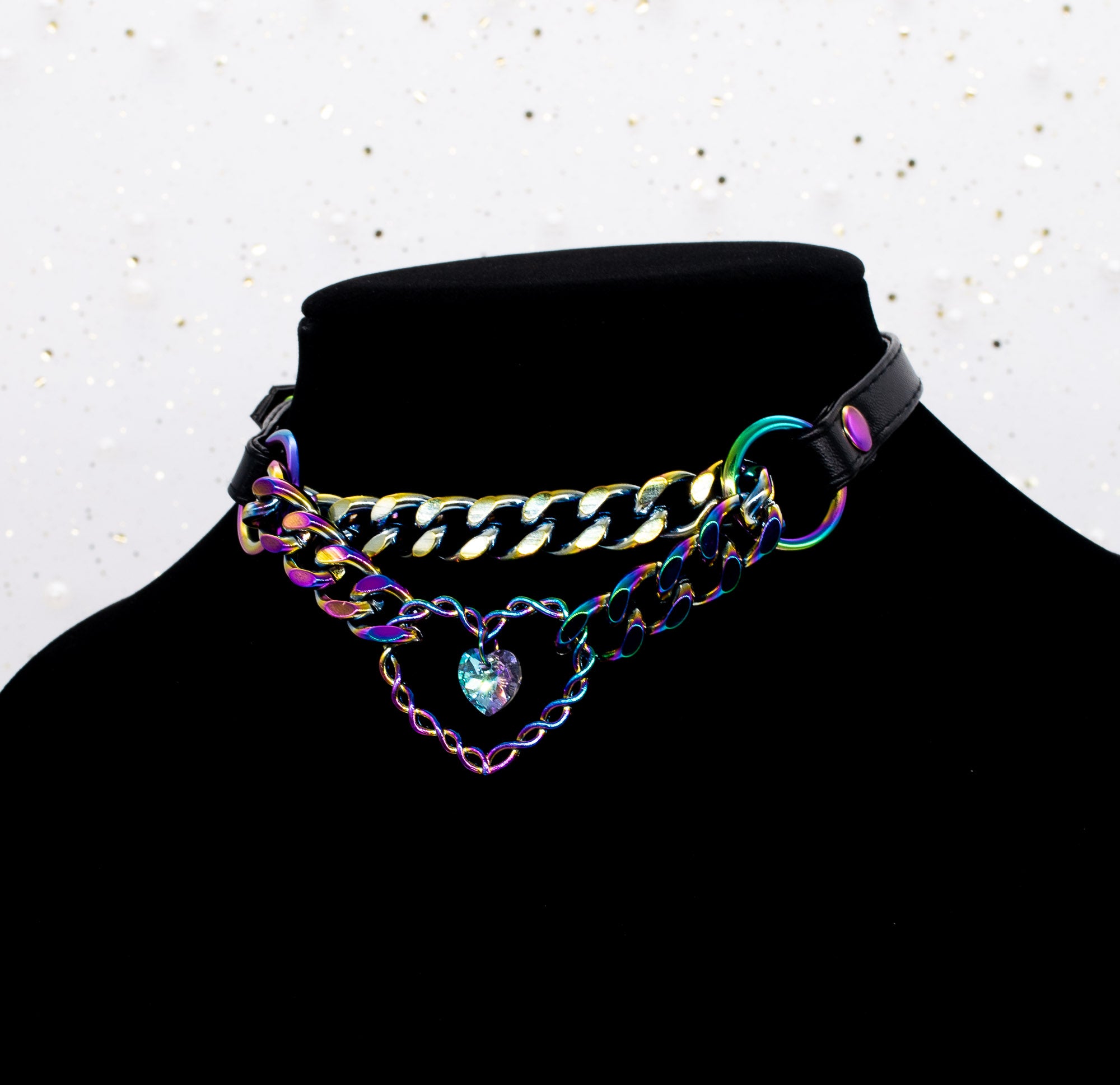 Crystal Heart Ring Black Vegan Leather Martingale Collar in Rainbow