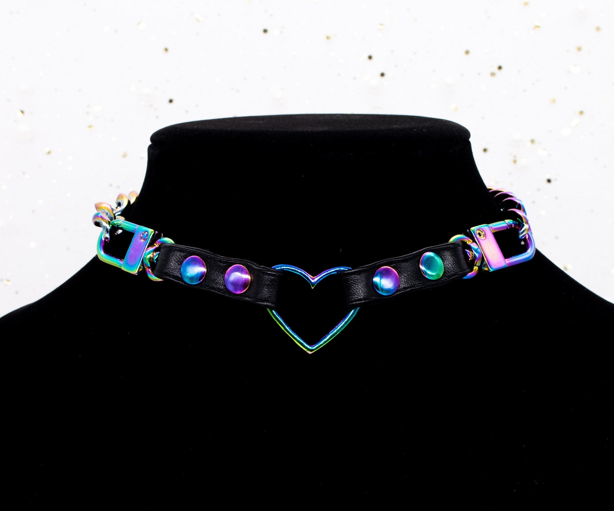 3/8" Black Vegan Leather Split Heart Collar in Rainbow
