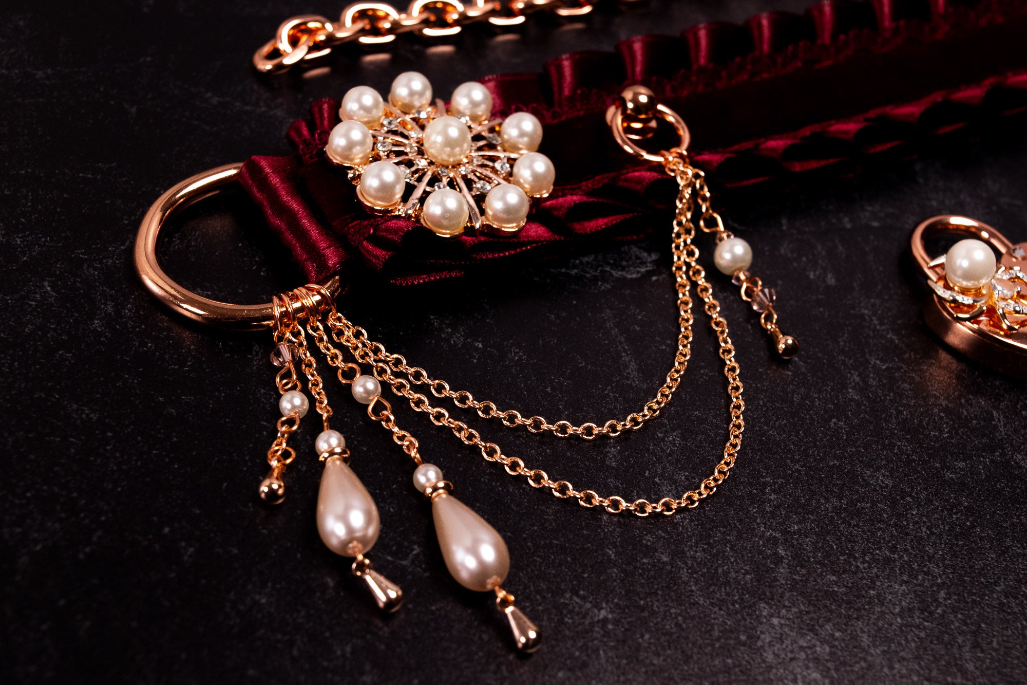 "Bound in Gossamer" - 13" - Rose Gold & Burgundy Velvet Luxury Locking Martingale Collar