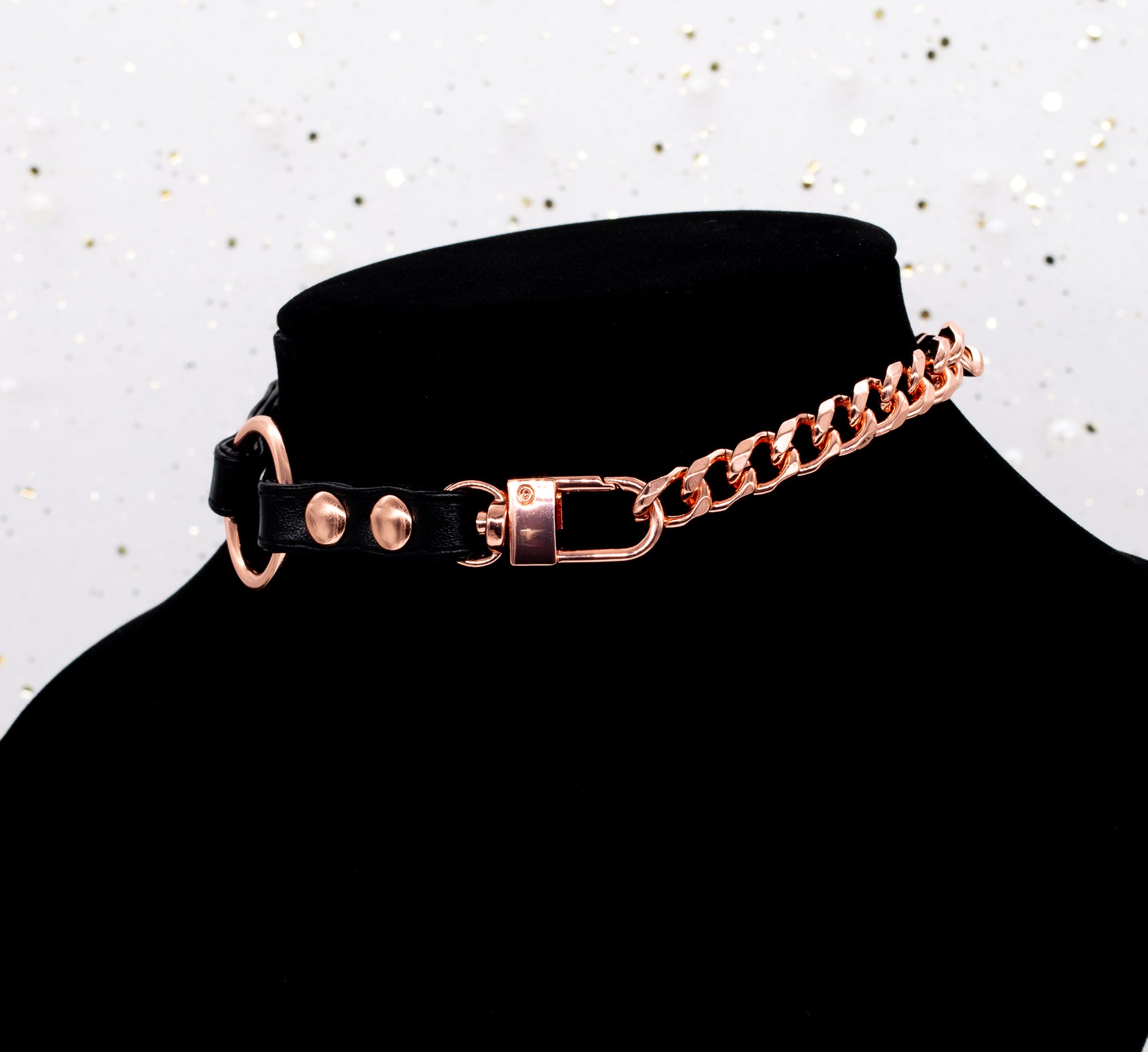 3/8" Black Vegan Leather Split O-Ring Collar in Rose Gold