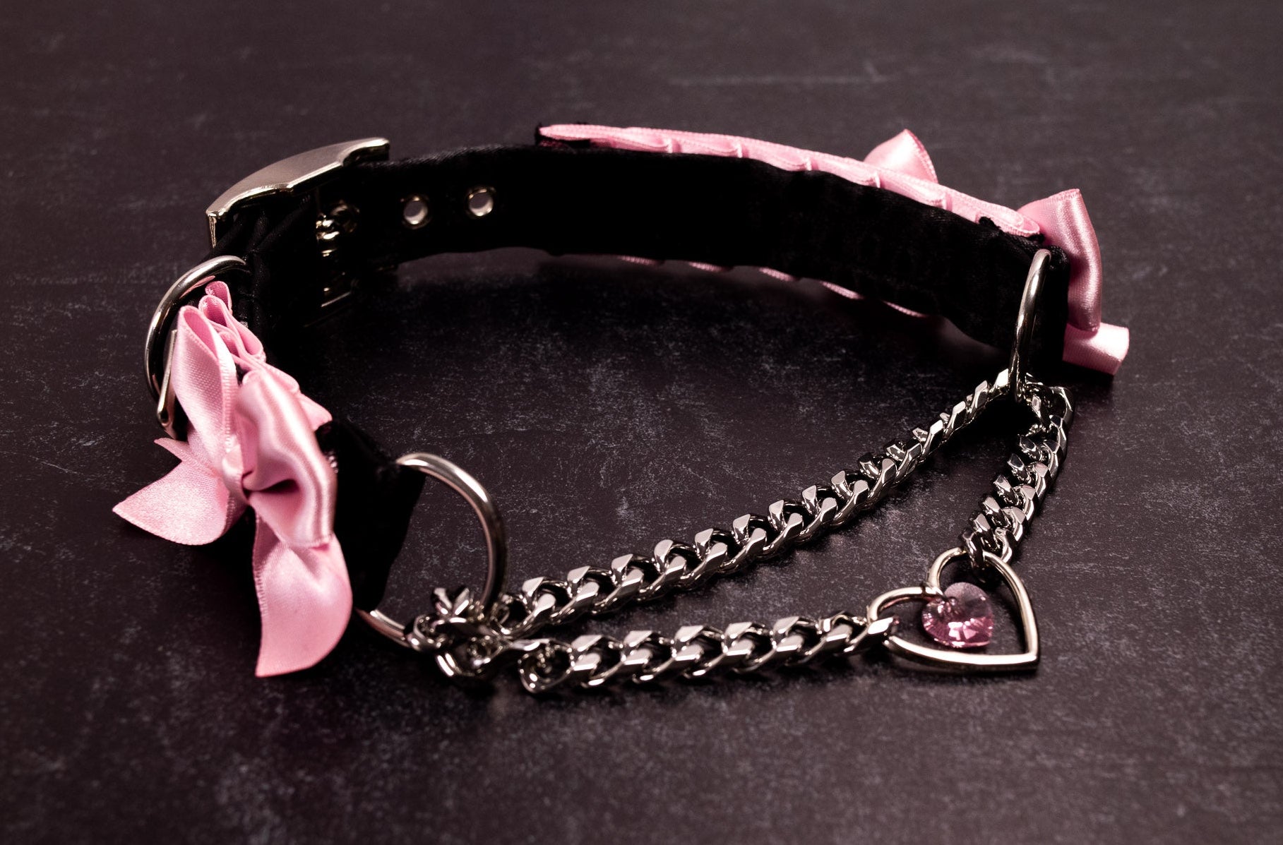 Rose, Black Lace and Velvet Luxury Crystal Heart Martingale Collar
