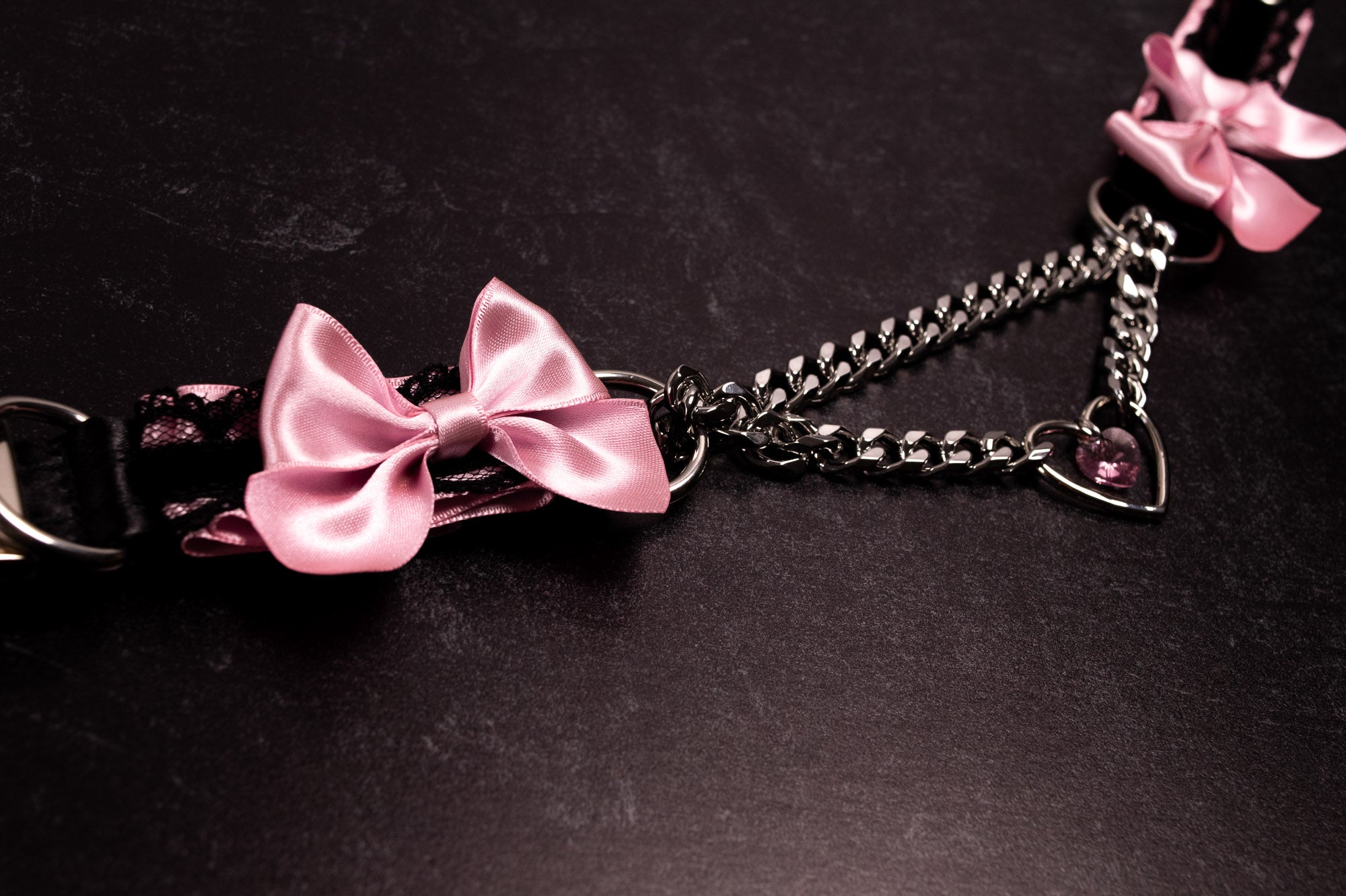 Rose, Black Lace and Velvet Luxury Crystal Heart Martingale Collar