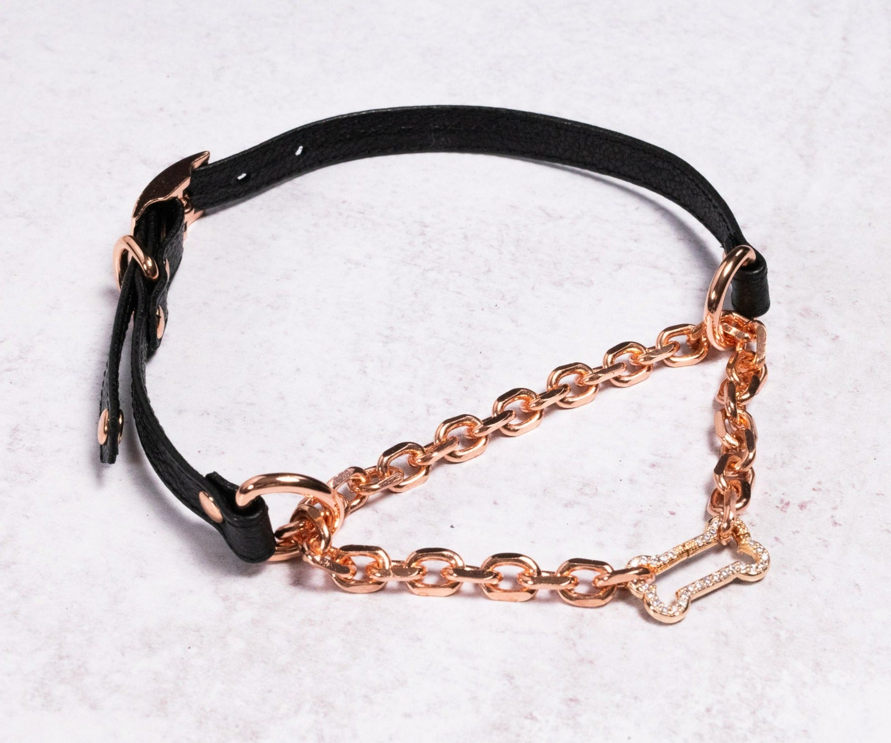 12" - 14.5" Rose Gold & Black Leather Bone Martingale Collar _ LIMITED _