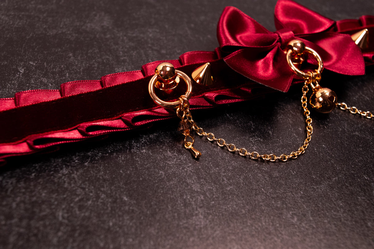 12.5" - 15" - "SYLVIE" - Burgundy Velvet & Rose Gold Spiked Luxury Collar