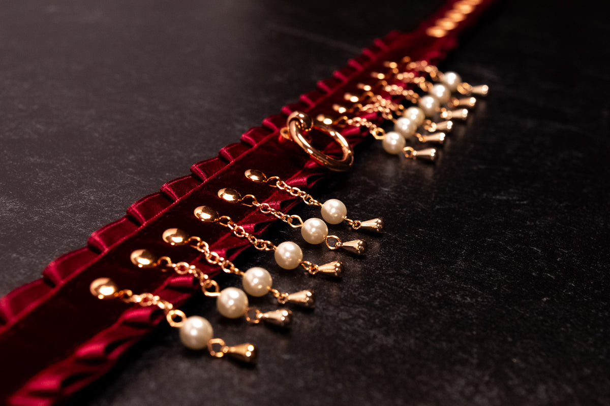 12.5" - 15" - "VIVIENNE" - Burgundy Velvet, Pearl & Rose Gold Luxury Collar