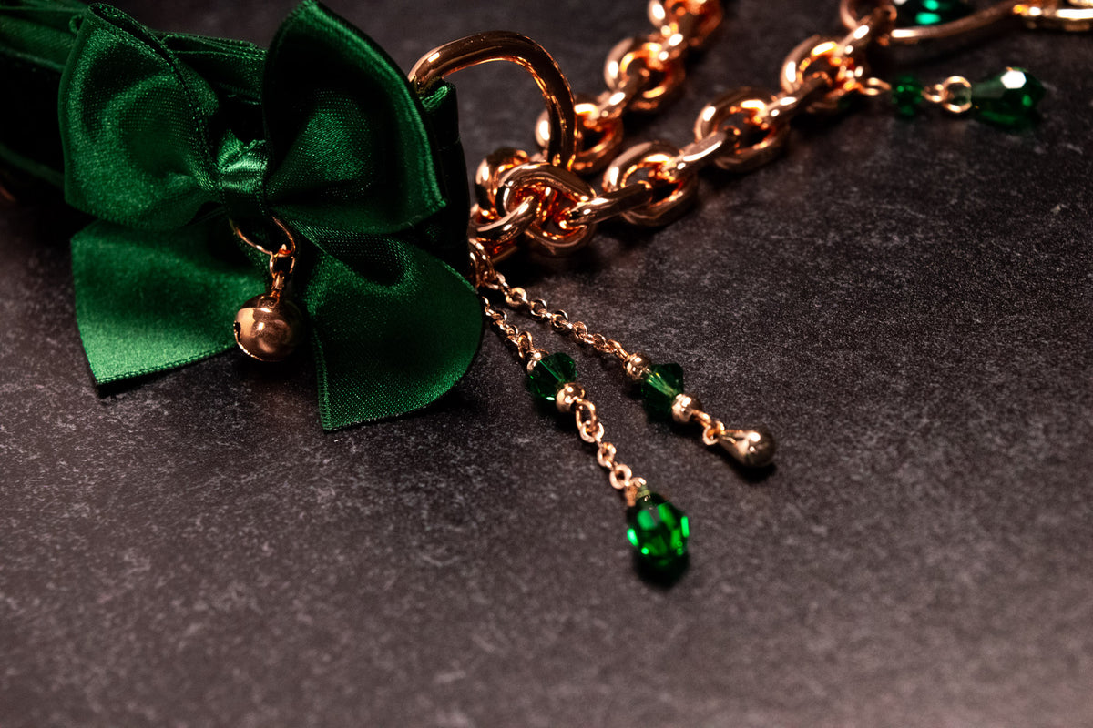 12" - 14.5" - "Fleur de Soie" - Hunter Green Velvet & Rose Gold Luxury Martingale Collar