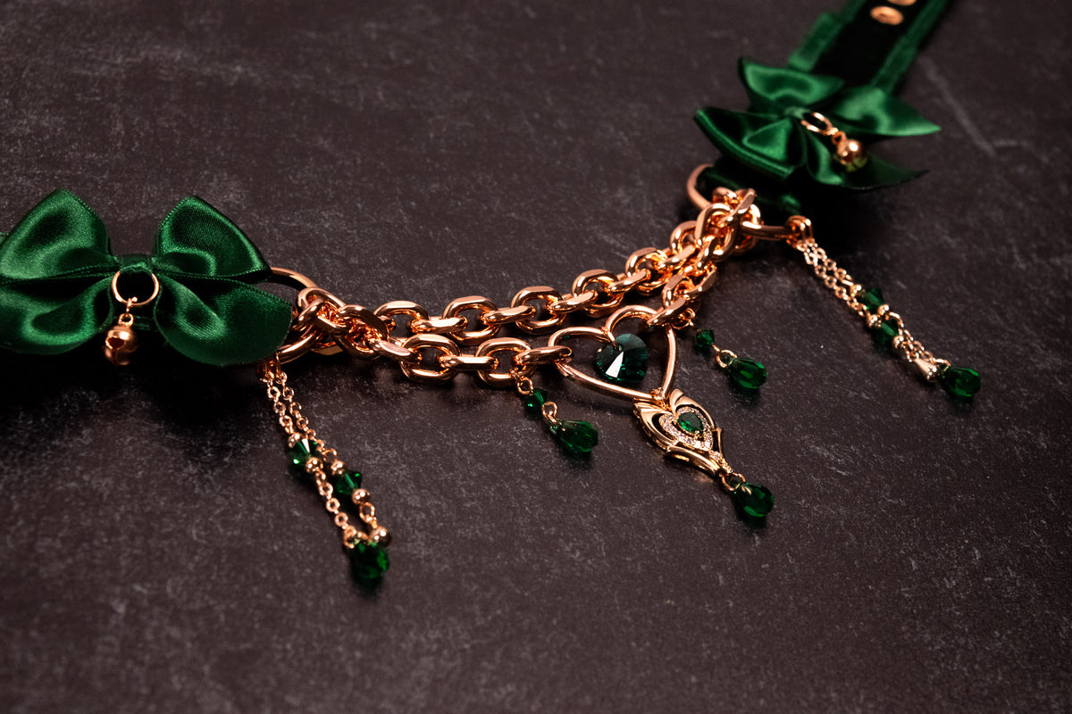 12" - 14.5" - "Fleur de Soie" - Hunter Green Velvet & Rose Gold Luxury Martingale Collar